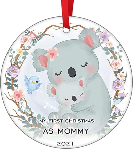 Koala - Adorno de Navidad para mamá y bebé, adorno floral para la primera Navidad, adornos de cerámica para árbol de Navidad, adornos de Navidad