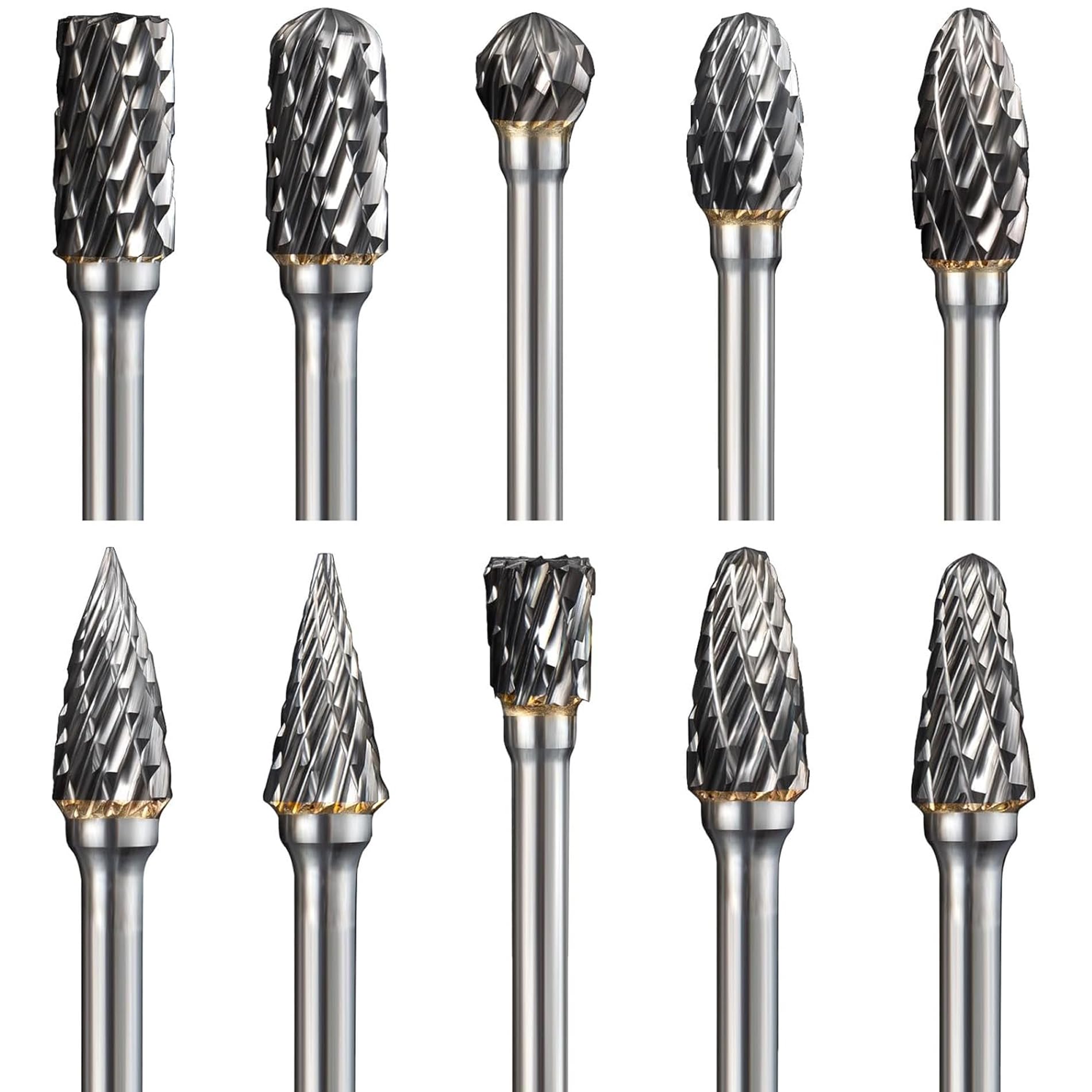 KEWAYO 10 Pieces Tungsten Carbide Rotary Burr Set, 3mm (1/8 Inch) Shank and 6 mm (1/4 Inch) Head Length for Metal Carving, Woodworking, Drilling, Engraving and Polishing