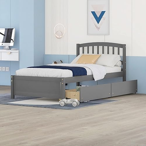 Cama individual con cajones, marco de cama de madera con cabecero y estribo, plataforma de madera para niños, niñas, niños, adolescentes y adultos,