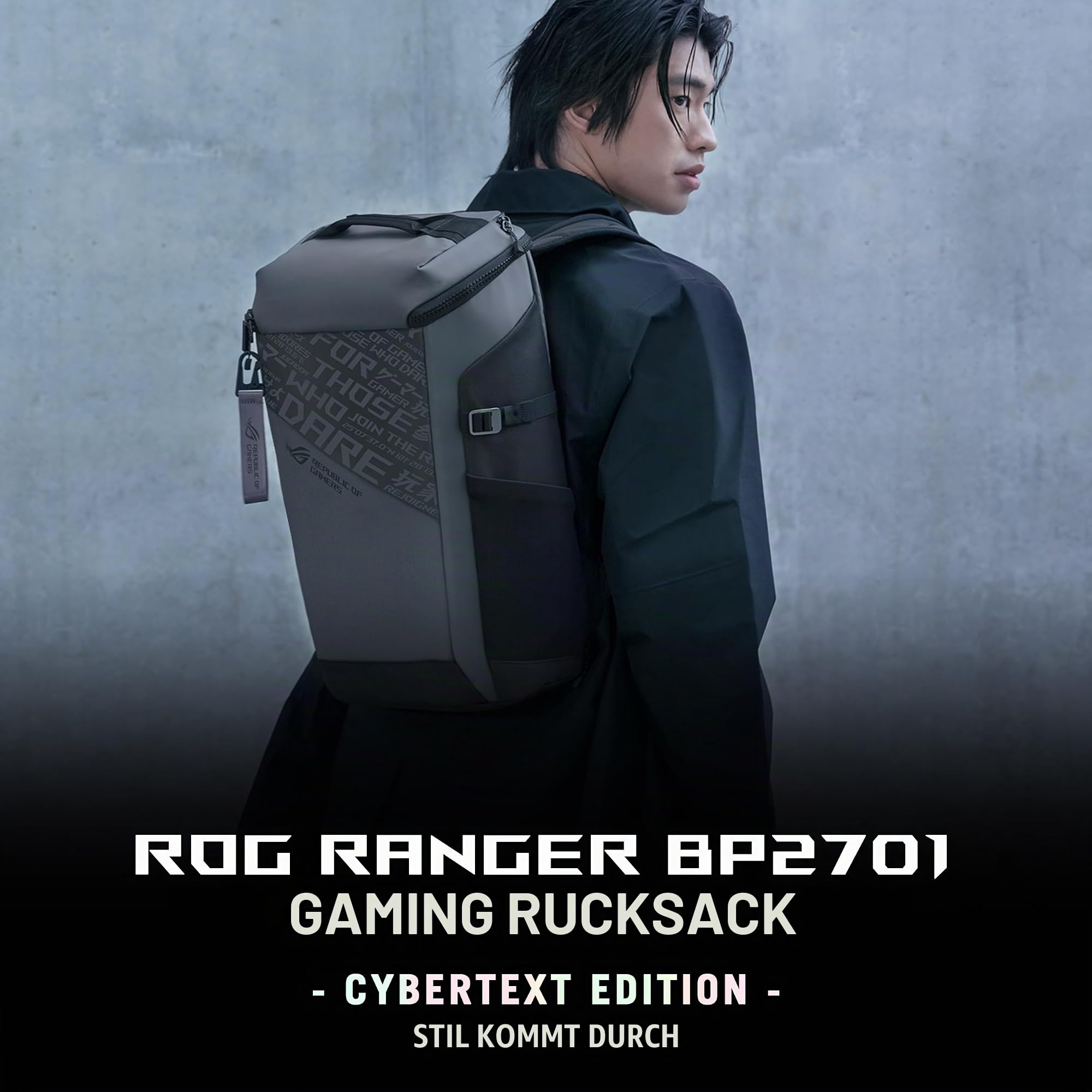 ASUS ROG Ranger Backpack BP2701 Cybertext Edition | Laptop Rucksack für Gaming Laptops bis zu 18 Zoll | 24L Volumen | wasserabweisend | robust und leicht | Cybertext Grey