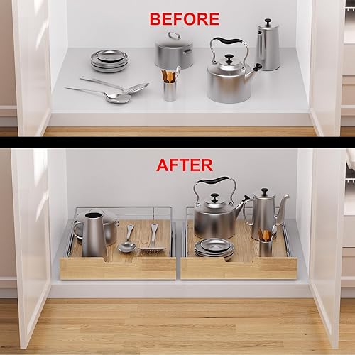 Vista 13 de Organizador de gabinete extraíble, estante deslizante resistente, cesta de madera y alambre, cajón extraíble para cocina debajo del fregadero