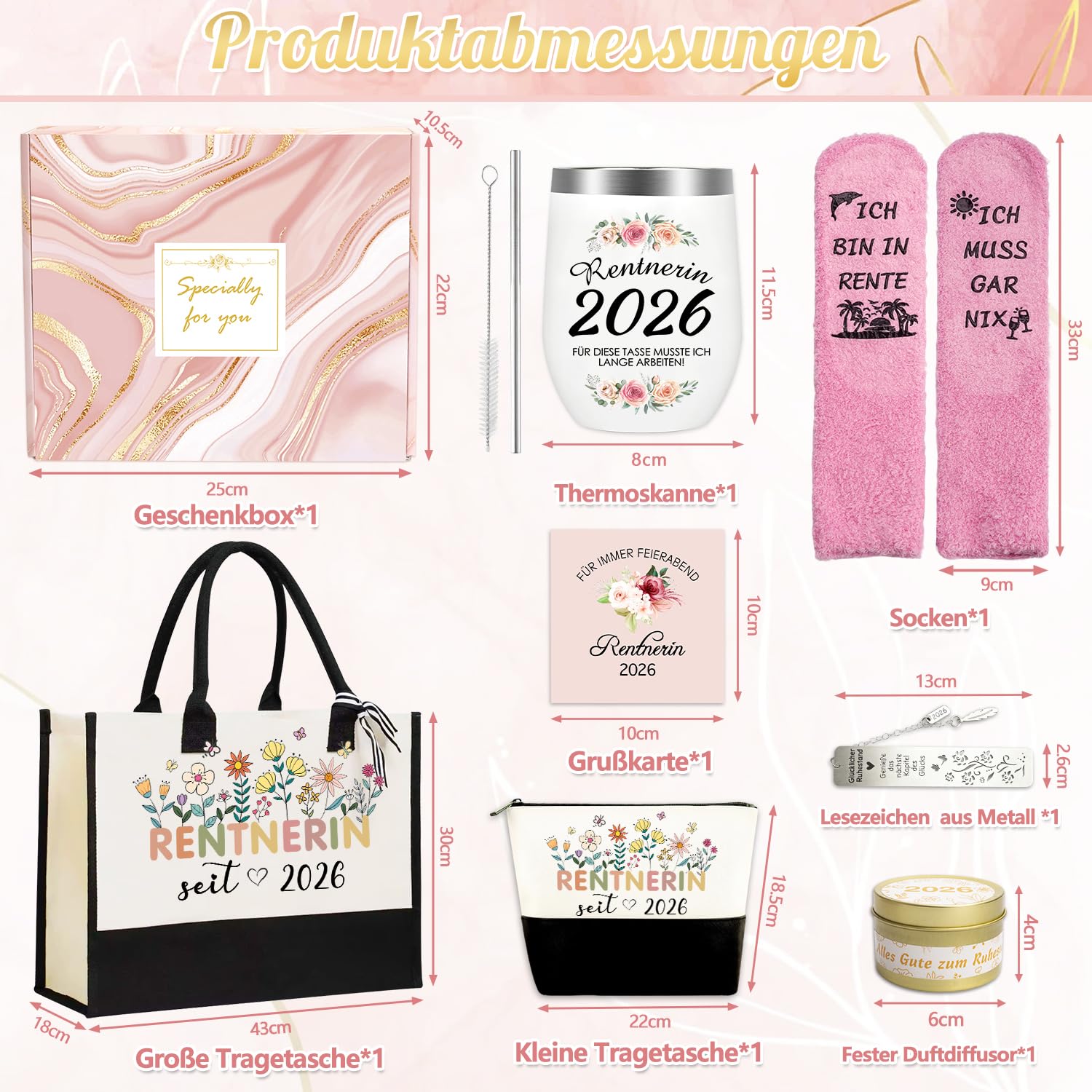 Renteneintritt Geschenk Frau, Ruhestand Geschenk Frauen 8 Stück Set mit Weinbecher aus Edelstahl, Lustige Socken, Jutetasche, Geschenkideen zum Renteneintritt 2026 für Rentne Frau, Lehrerin, Kollegin