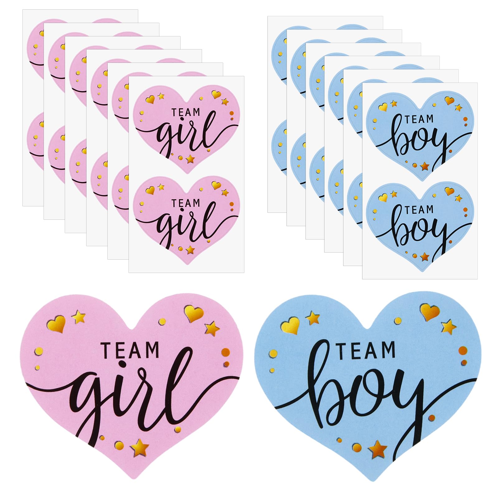 Autocollants Genre Bébé 100Pcs - Team Boy & Team Girl - Cœur Et Étoile - Pour Baby Shower - Bleu Et Rose