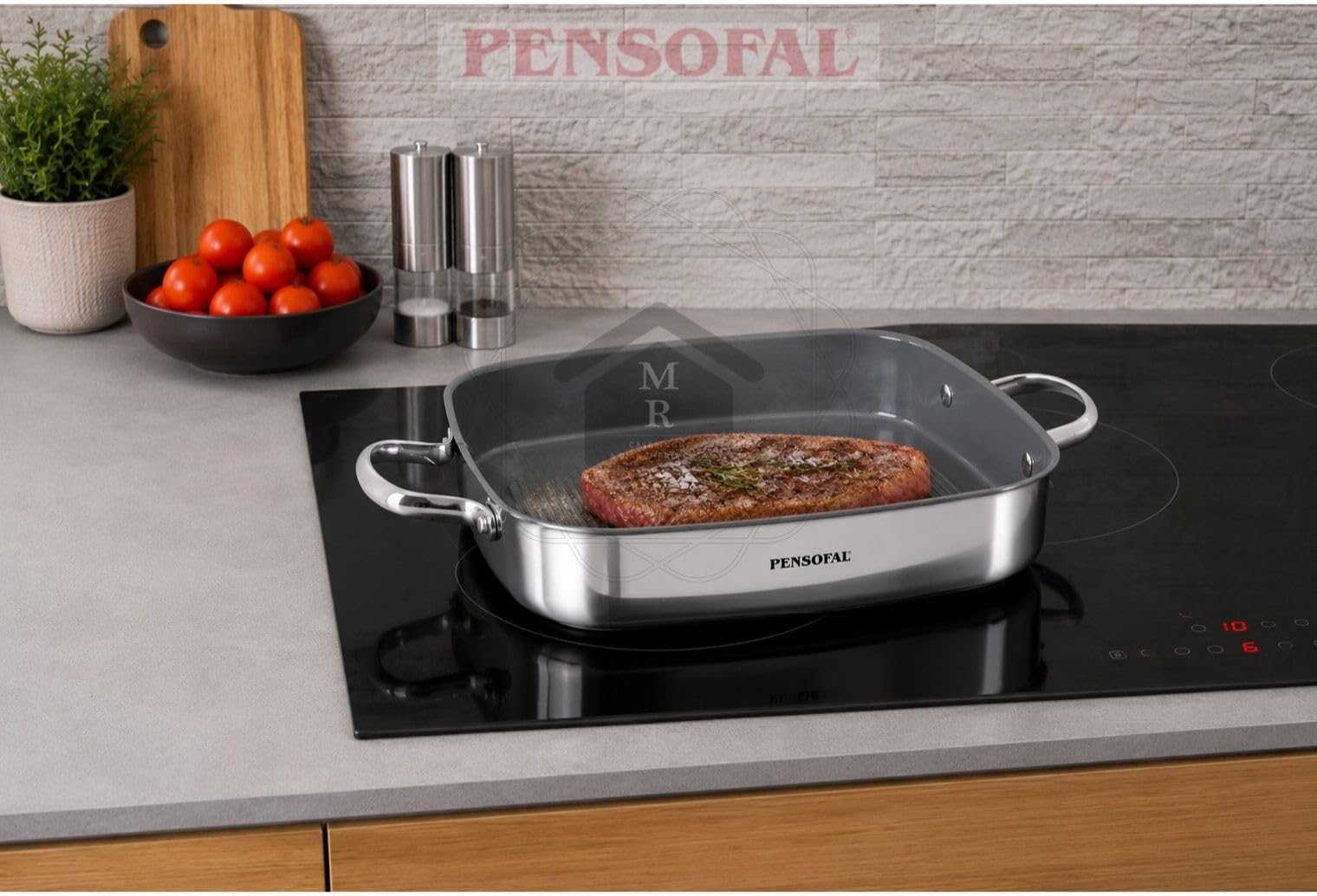Generico Bistecchiera in Acciaio Inox, 28x28 cm, interno Antiaderente in Ceramica naturale fondo Induzione