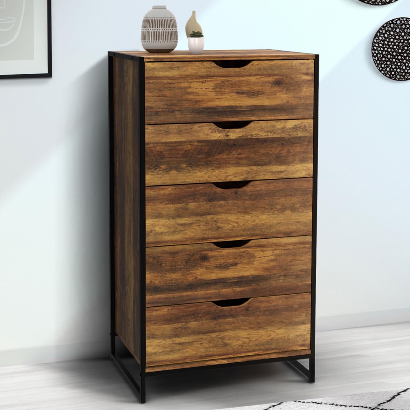 IDMarket - Chiffonnier 5 tiroirs Hawkins 60 cm Commode semainier Bois foncé Design Industriel