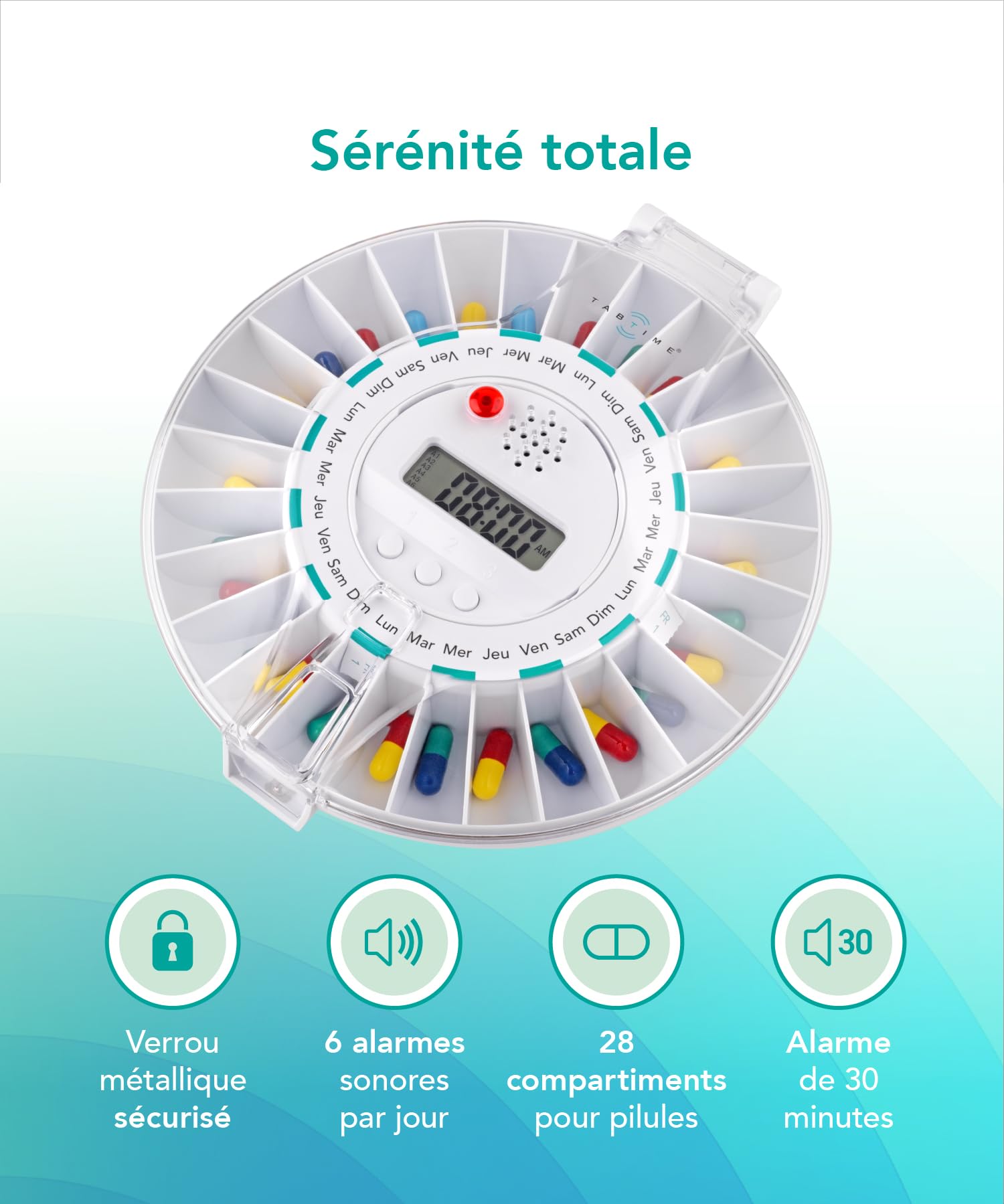 Distributeur électronique de comprimés TabTime Medelert (mode d'emploi en Français), couvercle transparent, automatique, verrouillable. Outil indispensable pour personnes âgées