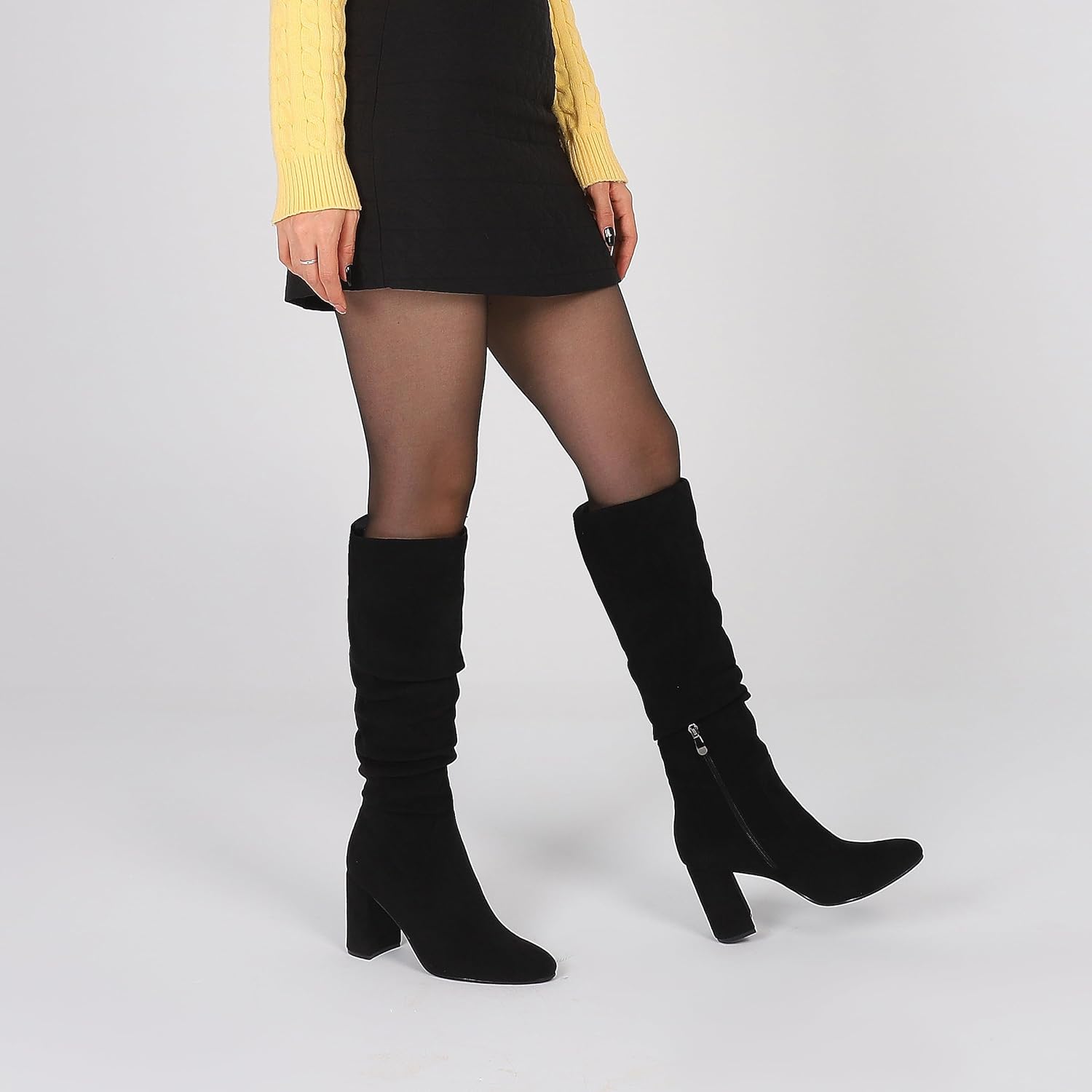 Eteridrey Black Knee High Boots for Women Suede Tall Boots Pointed Toe Slouchy Heel Fall Boot - Image 7