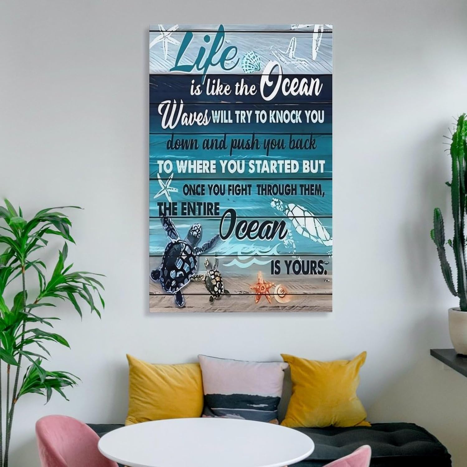 Turtle Life Is Like The Ocean Waves Will Try To Knock You Back Satin Motivational Quote Canvas Printing Poster, for Room Bedroom Living Room Bathroom Wall Decor Aesthetic 24x36inch(60x90cm)