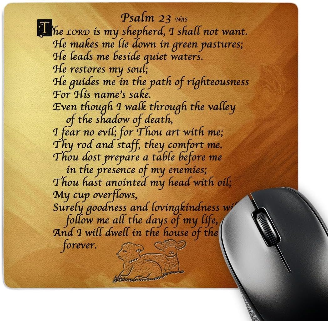 3dRose LLC 8 x 8 x 0.25 Inches Mouse Pad, Psalm 23. "The Lord is My Shepherd" on a Golden Background with Two Small Lambs (mp_58716_1)
