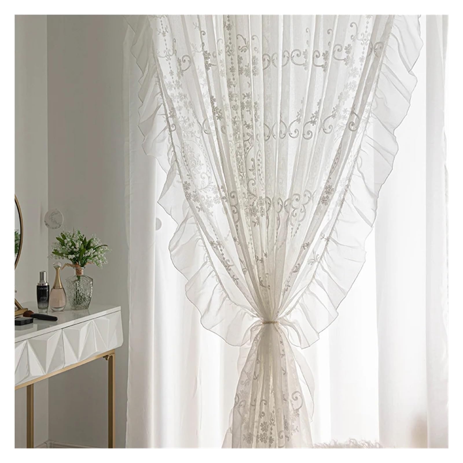 WWPMNQD Ruffled Curtains White Linen Sheer Embroidered Tulle Curtain Princess Bedroom Romantic Ruffled Lace Voile Window Decoration Drape for Bedroom(Grommet Ring,1PC W150 x H240cm)