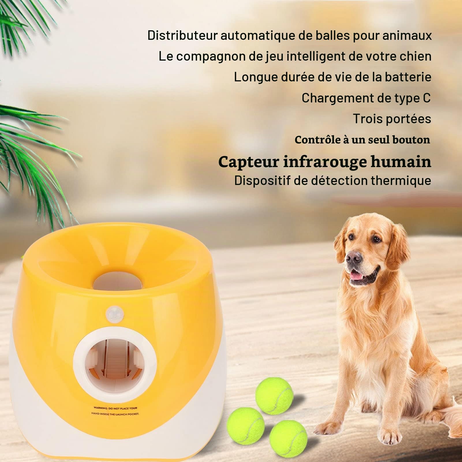 Lanceur Automatique de Balles pour Chien, Jouet Interactif pour Chien avec 3 Balles de Tennis, Lanceur Automatique pour Chiens Intérieur Extérieur
