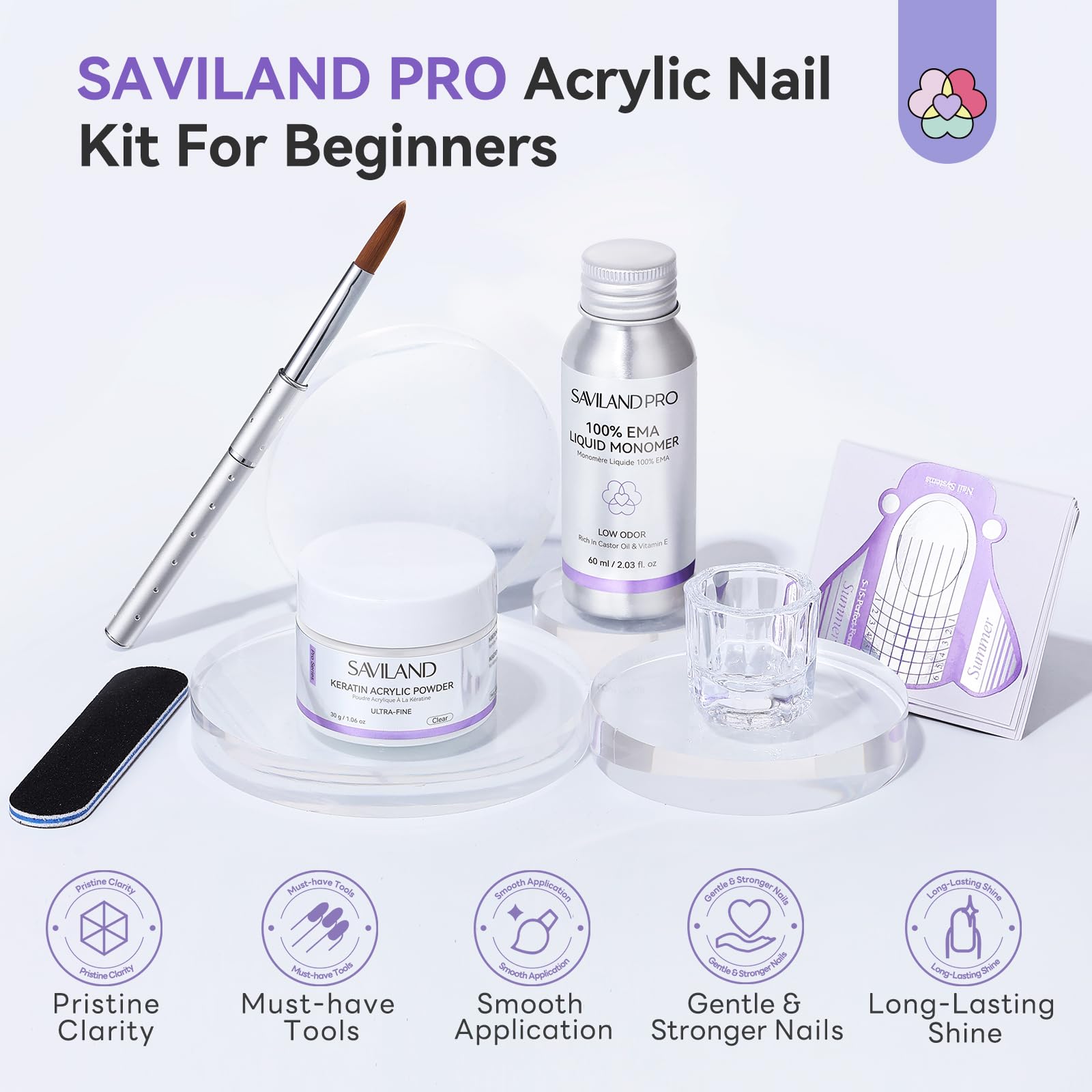 SAVILAND Set di Unghie Acriliche per Principianti: set Completo Acrilico per Unghie Polvere Acrilica Trasparente Monomero EMA con Pennello e Sagome per Allungamento Unghie per Fai Da Te