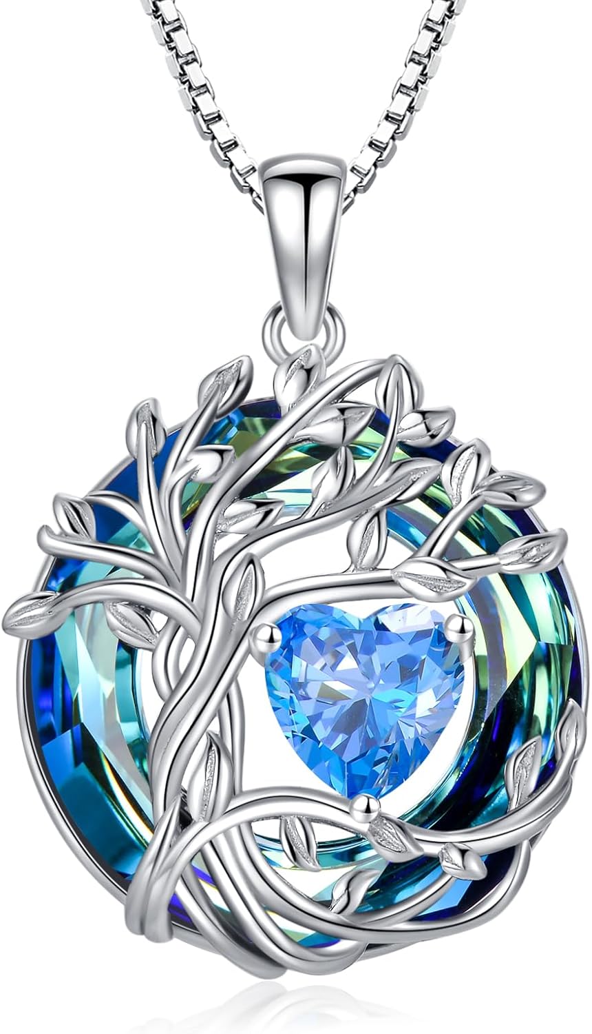 TOUPOP Tree of Life Birthstone Necklace 925 Sterling Silver Pendant Austrian Crystal Jewelry Anniversary Valentine's Day Birthday Gifts for Women Mom Her Wife