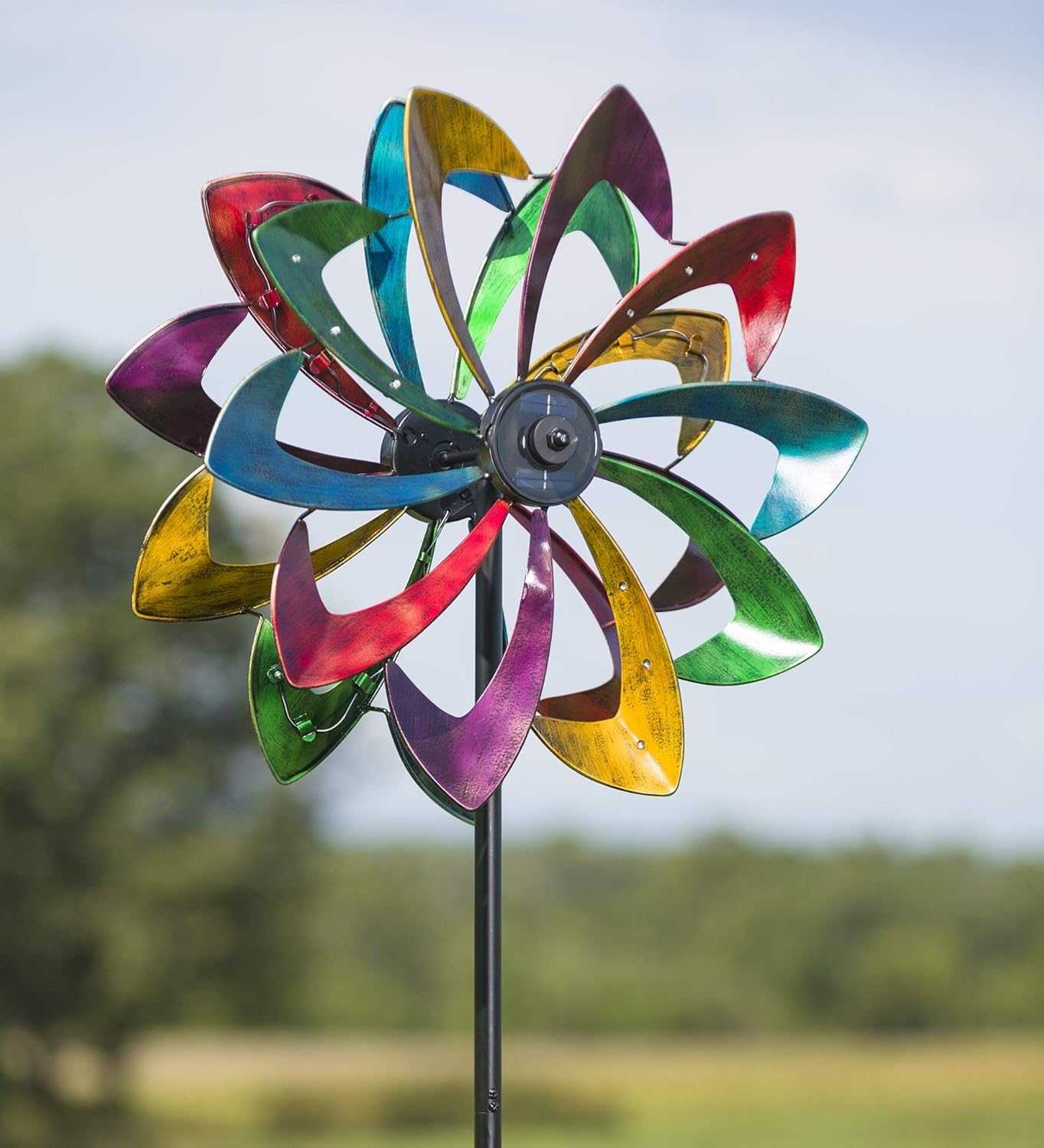 Plow & Hearth Solar Lighted 18 LEDs Flower Metal Wind Spinner | Antique | Bi-Direction Rotors | Dual-Motion | Over 6ft Tall | Easy Assembly