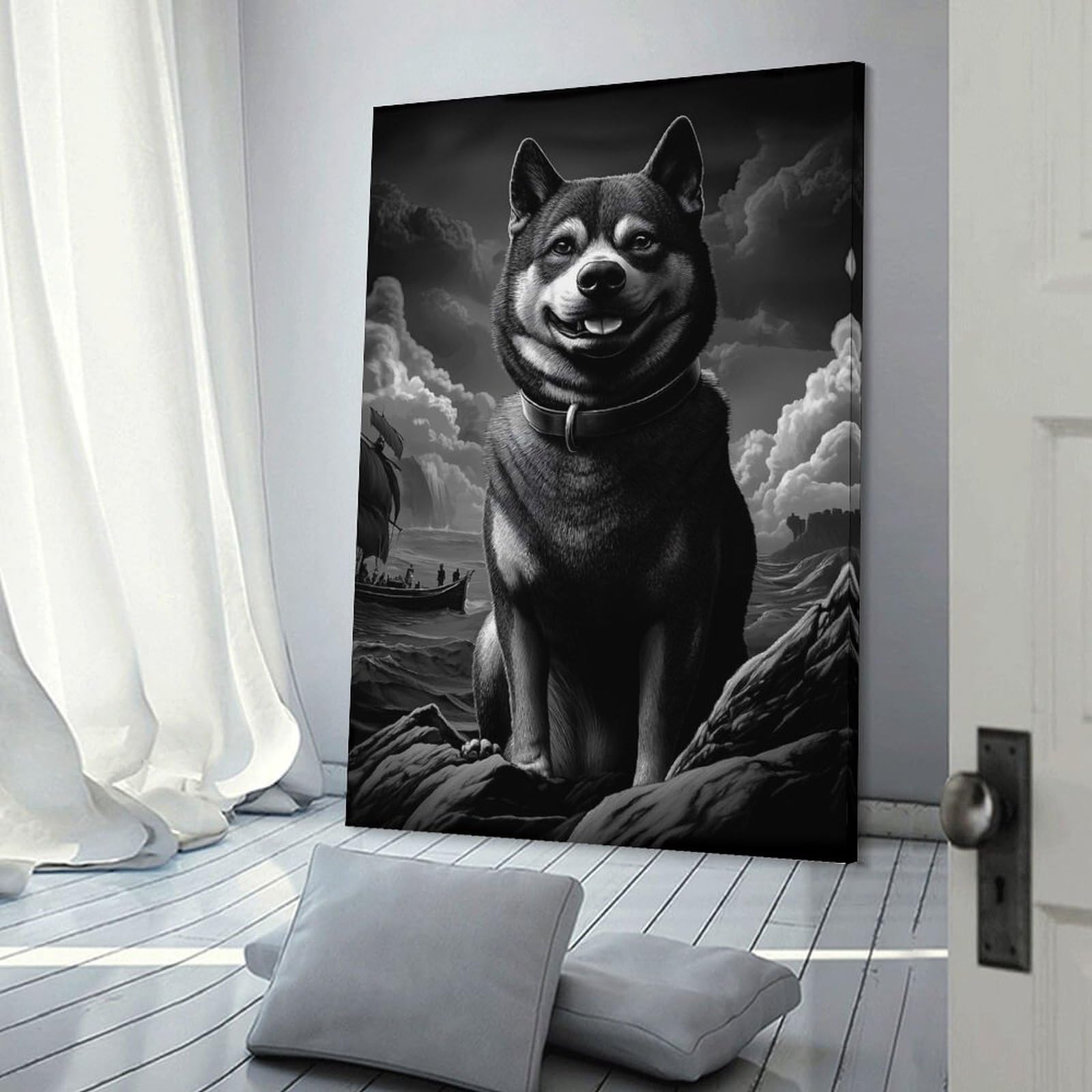 Junmoney Shiba Inu Dog with Ship Hanging Wall Art, 20x30inch(50x75cm), for Living Room, Bedroom, Office Or Hallway, Decorative Artwork with Broad Appeal