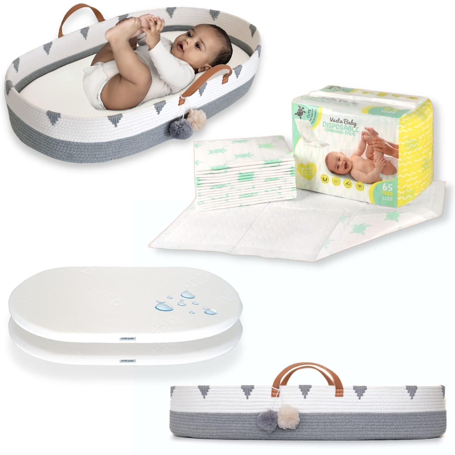 Vesta Baby Changing Bundle - Cotton Rope Moses Changing Basket Set & Disposable Changing Pads