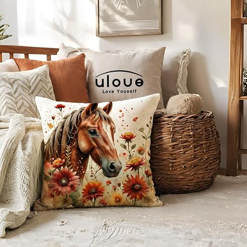 Miniatura 3 de ULOVE LOVE YOURSELF Paquete de 4 fundas de almohada de caballo con flores silvestres, fundas de almohada de caballo en acuarela rústica para