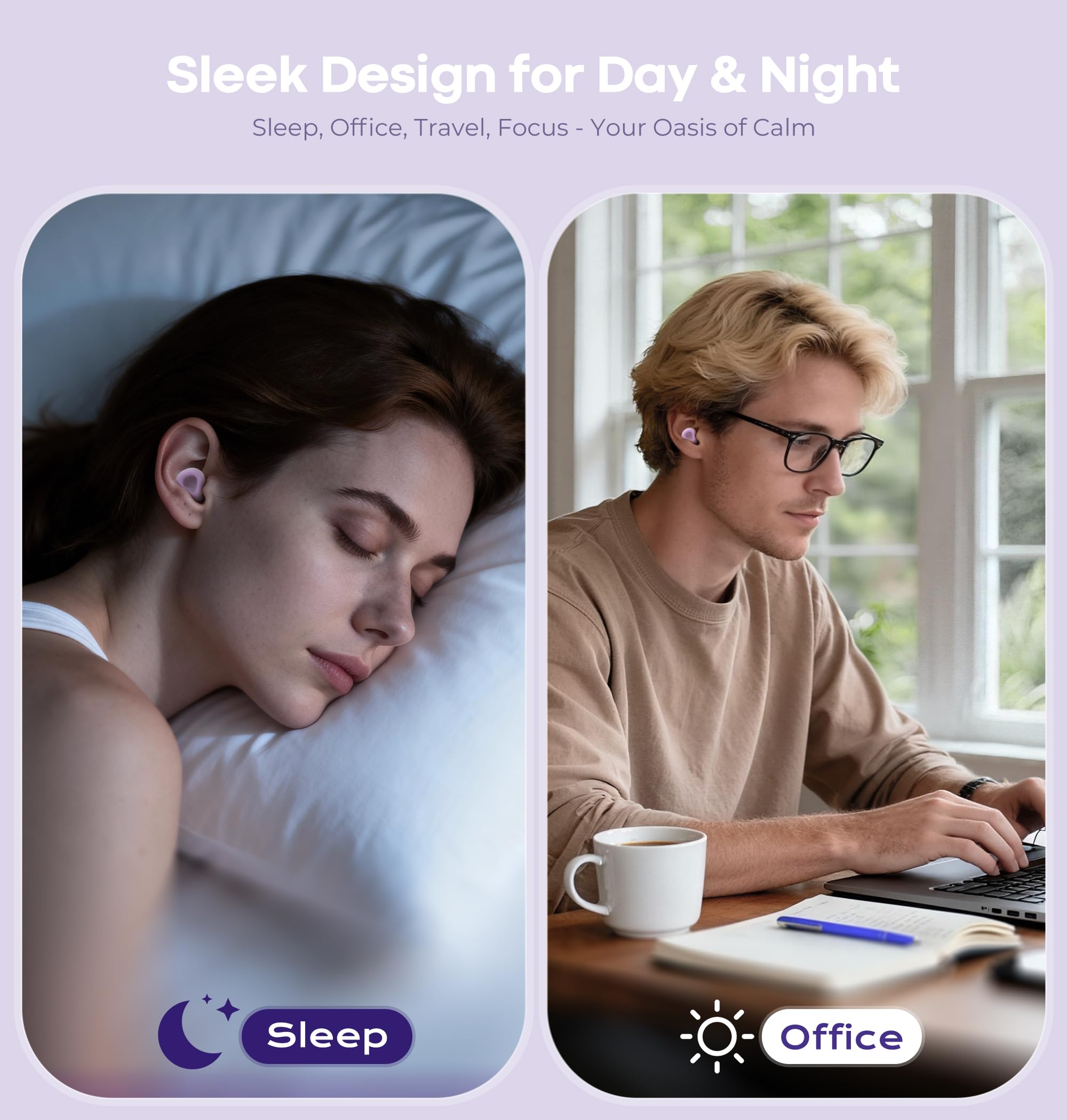 LC-dolida Aura Pro Sleep Earplugs, 38dB Higher Noise Reduction - Ultra-Soft Silicone for Snoring & Noise Blocking, Skin-Safe Custom Fit, Sleek & Reusable for Travel, Office(): Purple