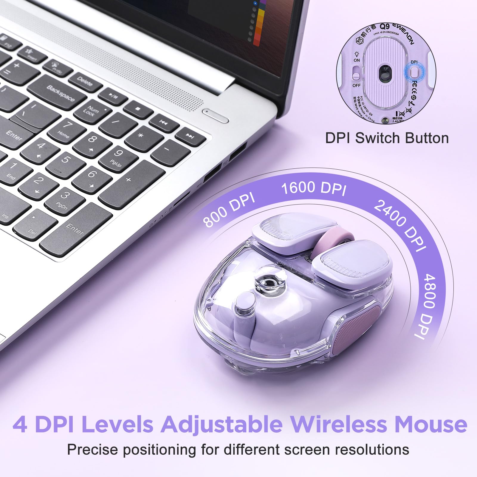 Q9 - Ratón inalámbrico portátil silencioso de 2,4 GHz/Bluetooth, modo dual, 4 DPI ajustables, 4800 DPI con iluminación RGB, compatible con Win/Mac/Android/iOS (morado)