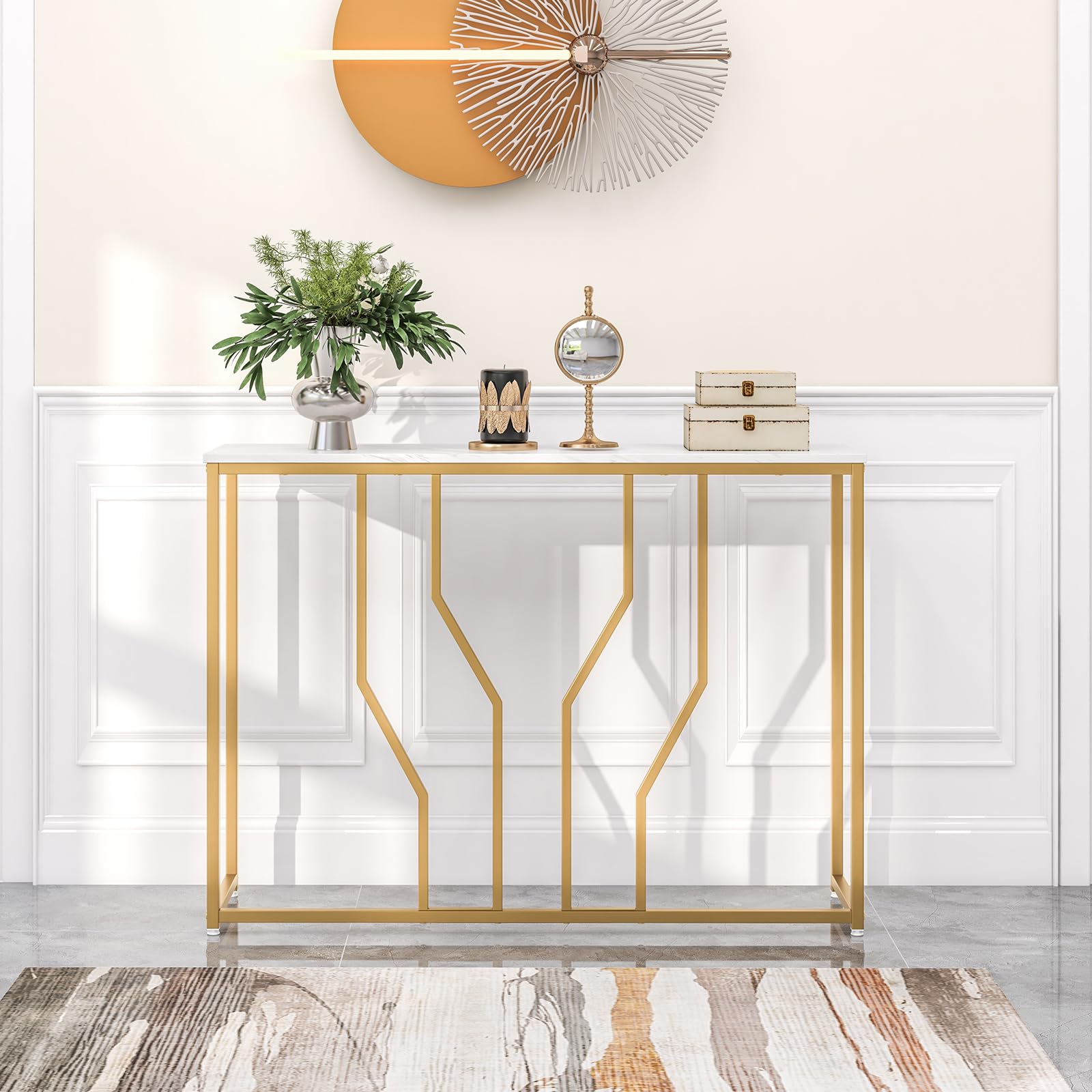 GIANTEX Tavolo Consolle Effetto Marmo con Struttura Geometrica | Tavolo da Ingresso Bianco Oro, Tavolino da Divano 110x30x80 cm