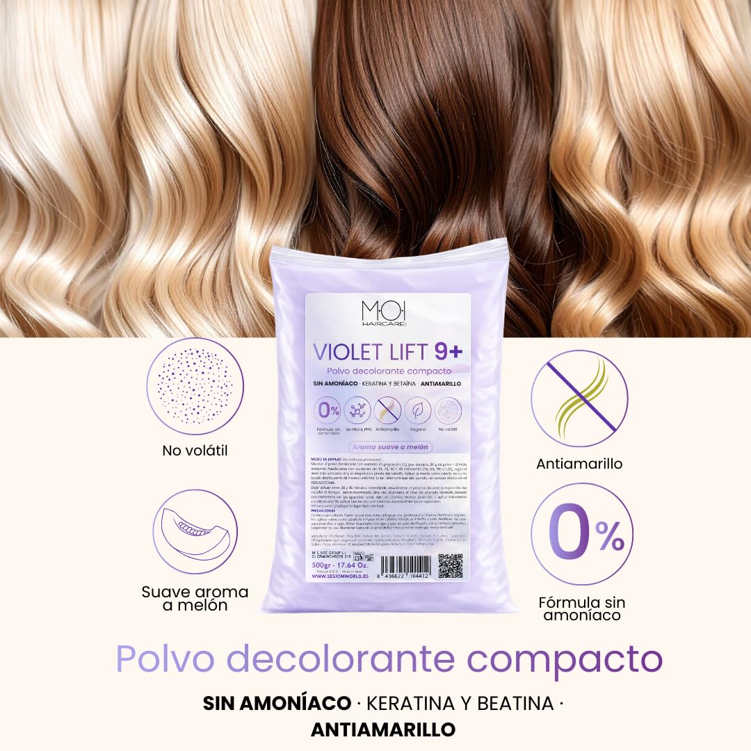 Polvo Decolorante Profesional Violeta 9 tonos de aclarado | Fórmula SIN AMONÍACO | DUST FREE | Antiamarillo | Protege la fibra capilar gracias a la Keratina y Betaína | Olor a Melón. 500g MOI HAIRCARE — view 5