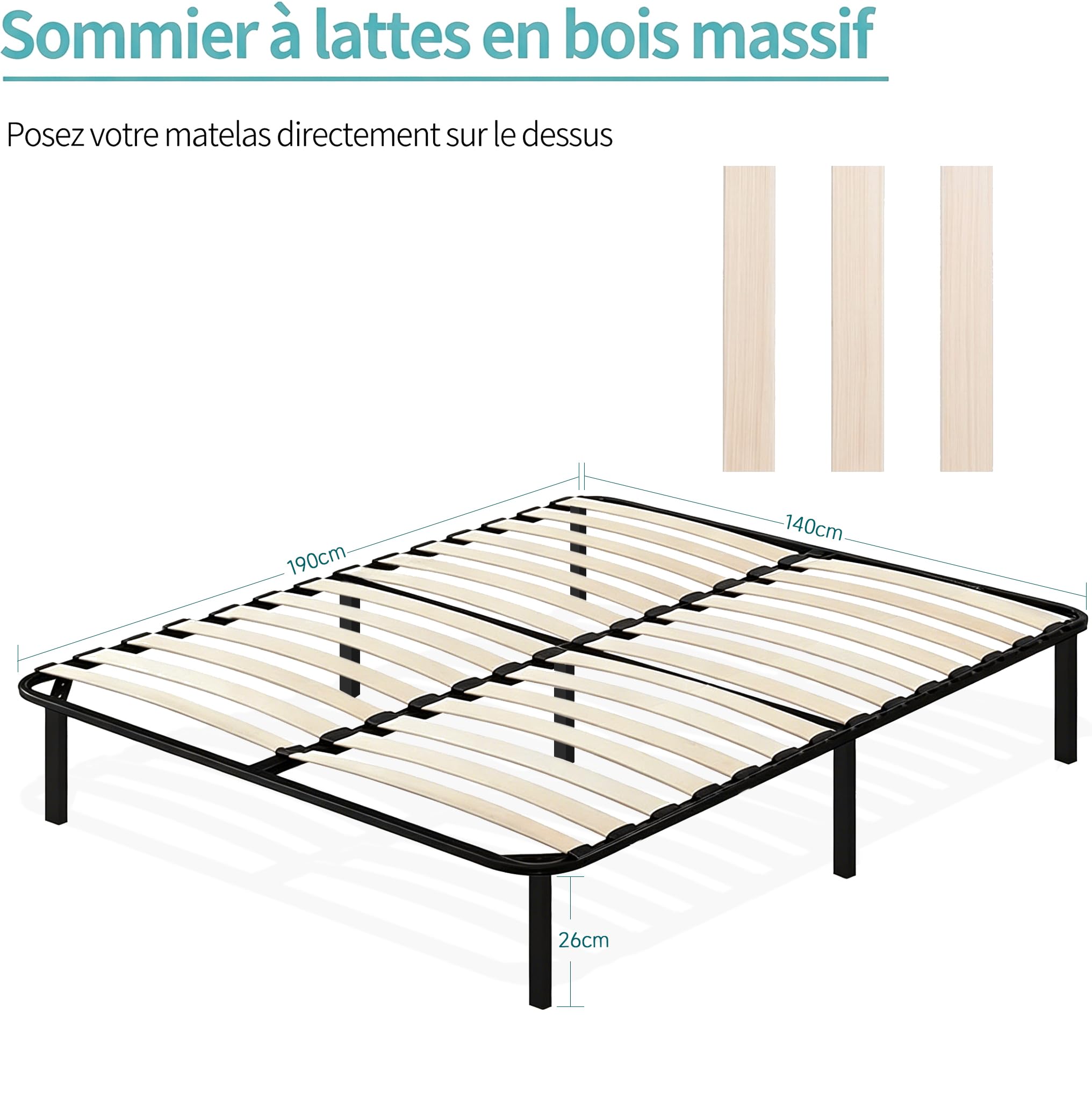 IZTOSS Sommier 140x190, Sommier en Bois à Lattes, Structure Métal Renforcée, 7 Pieds Antidérapants Silencieux(140x190-7 Pieds)