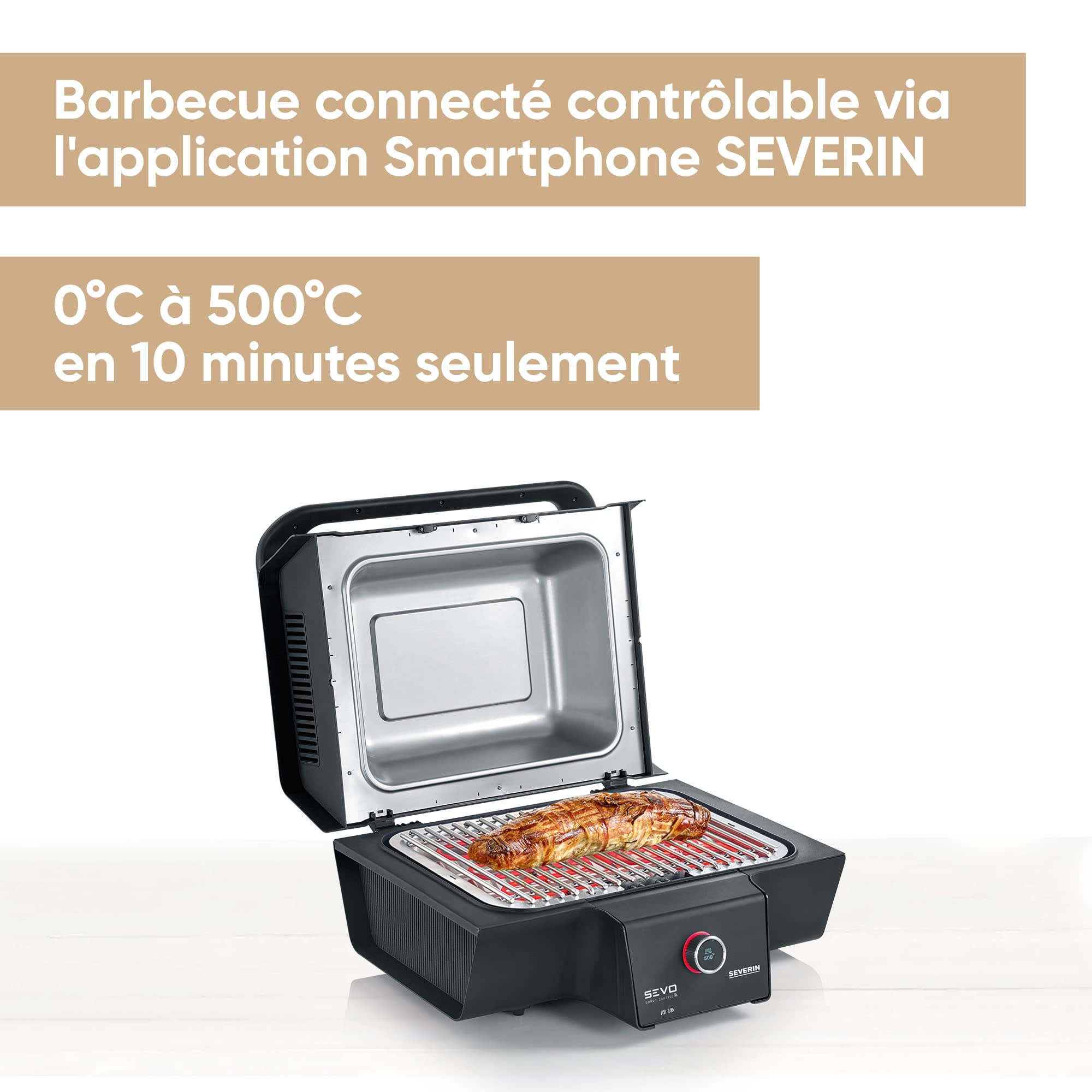 SEVERIN Barbecue électrique connecté via Application Smartphone SEVO SMART CONTROL GT, Gril électrique 3 000 W avec couvercle, Gril de table avec sonde thermique, Noir, PG 8138