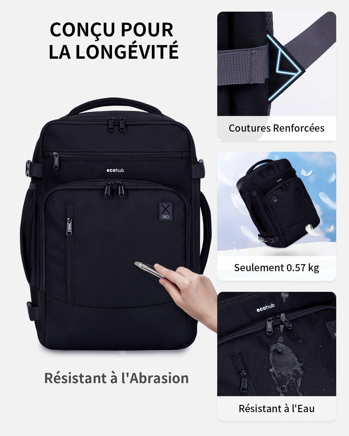 ECOHUB Bagages Cabine 40x20x25 Ryanair Sac a Dos Voyage Cabine Avion Bagage à Main Sac à Dos Ordinateur Portable 14 Pouces Homme Recyclable PET Ecologique Sous le Siège Sac Portatif 20L(Noir)