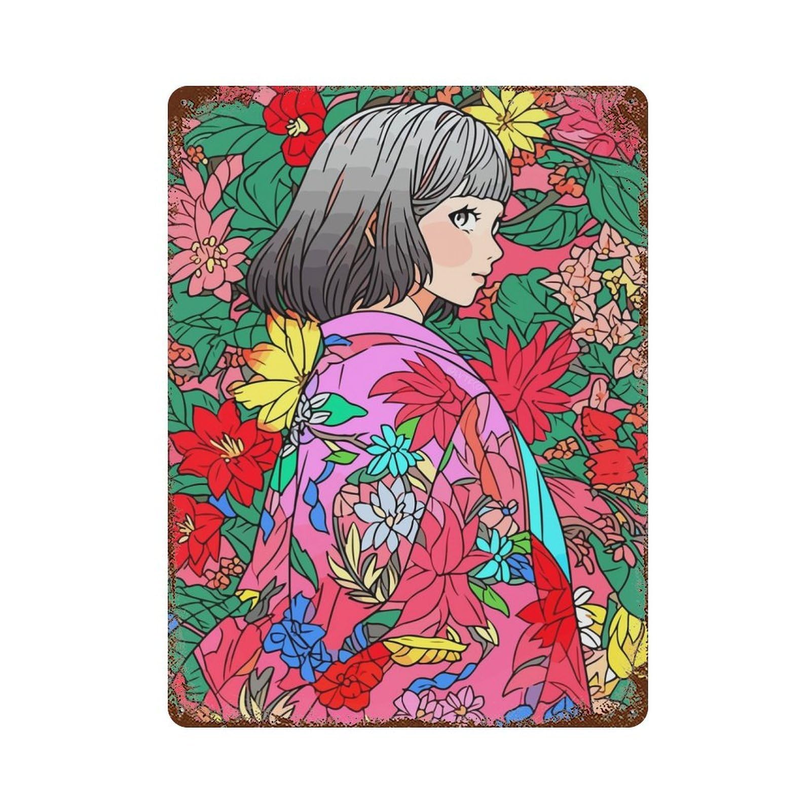 Kawaii Kimono Girl Anime Rust Effect Tin Sign 15.7"x11.8", Ideal for Farmhouse, Kitchen And Entryway Decor