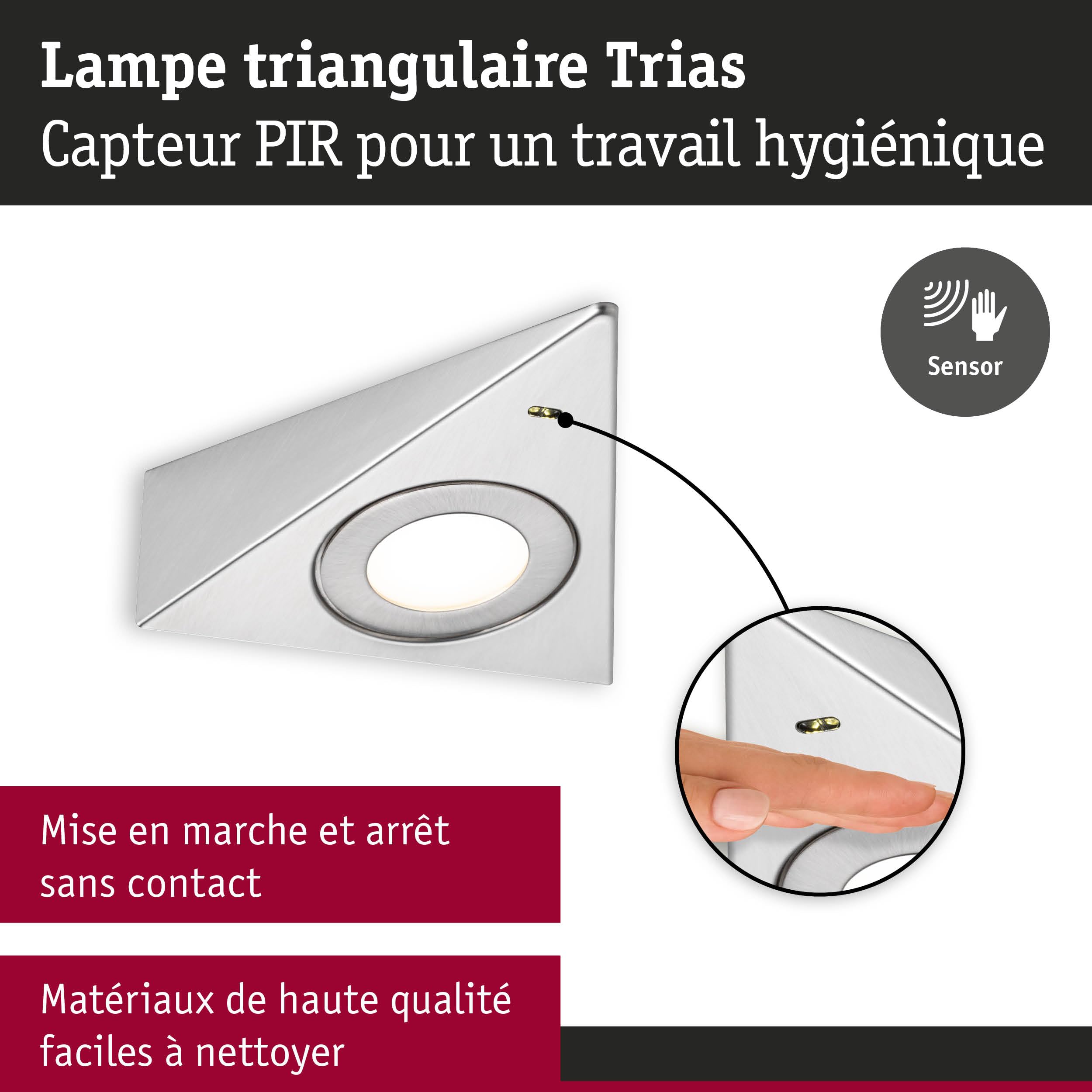 Paulmann 92125 LED sous-meubles Trias avec capteur de proximité kit de 3 3000 K 2,7W 135x132 mm 185lm Acier brossé luminaire en saillie pour meuble