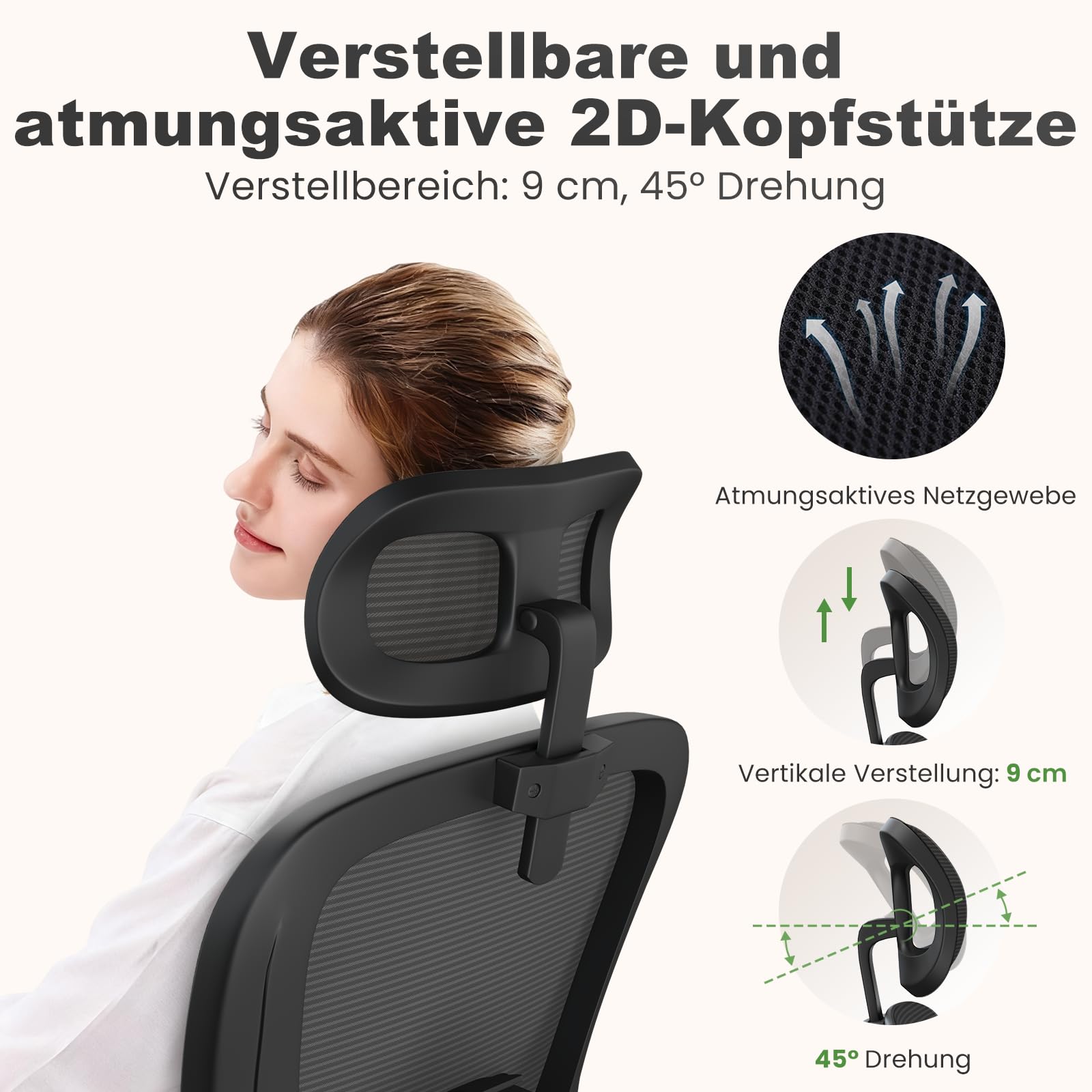 rattantree Bürostuhl, Schreibtischstuhl mit Verstellbarer Rückenlehne/Kopfstütze/Hochklappbaren Armlehnen, Kleiner Drehstuhl mit Wippfunktion 135°, Bürostuhl Ergonomisch mit Netzbezug, Schwarzer