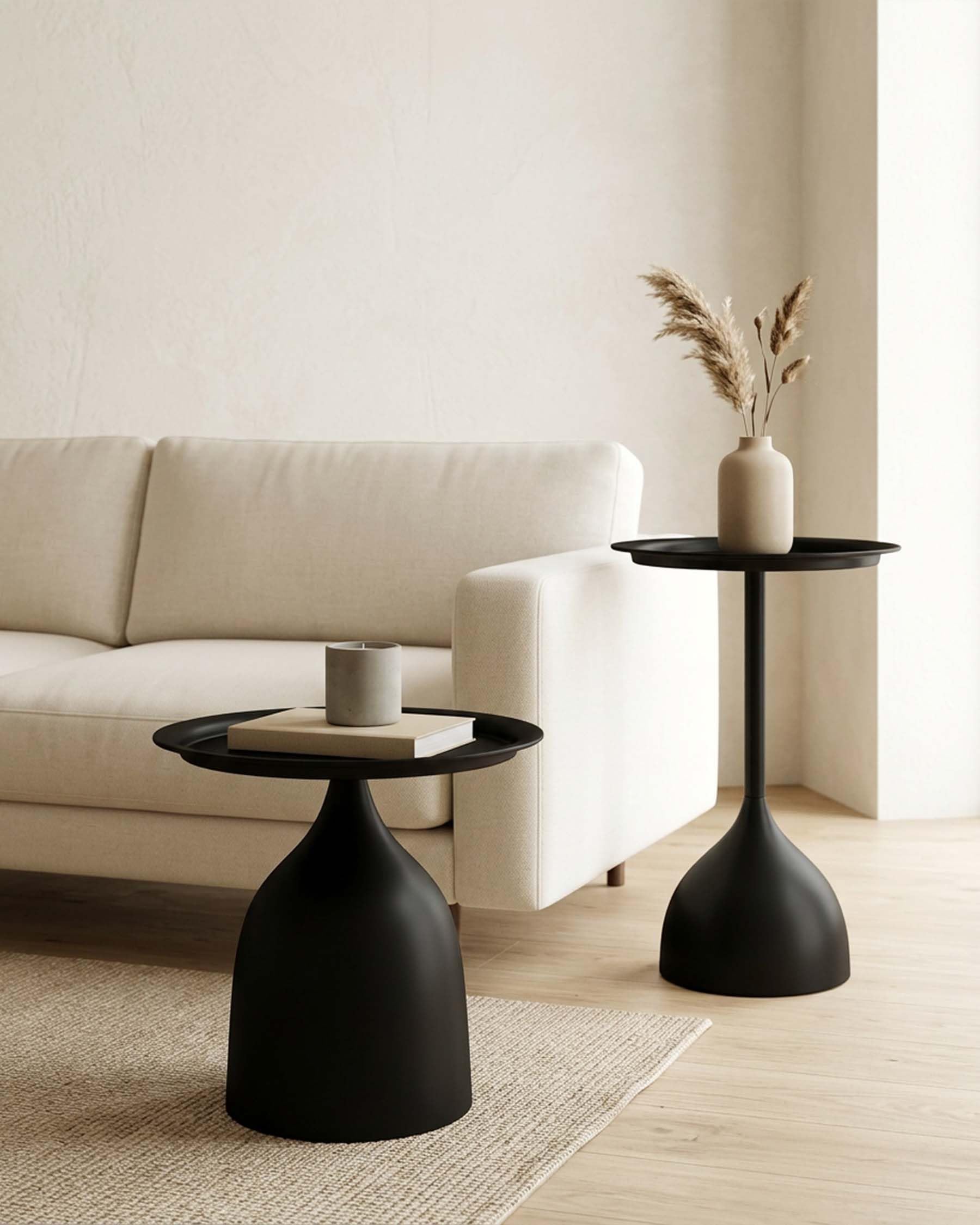 Lot de 2 Table d'Appoint Noire en Métal, Bout de Canapé Design Rond, Petite Table Basse Salon ou Extérieur, Guéridon Moderne pour Espace Réduit, Hauteur 42/60cm