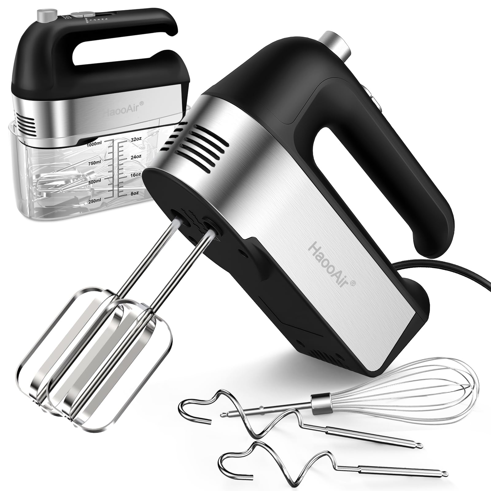450W Electric Hand Mixer, 5 Speed Handheld Mixer with Scale Cup Storage Case, 5* Stainless Steel Accessories, Turbo Boost, Eject Button, Kitchen Mixer Food Mixer for Baking, Black