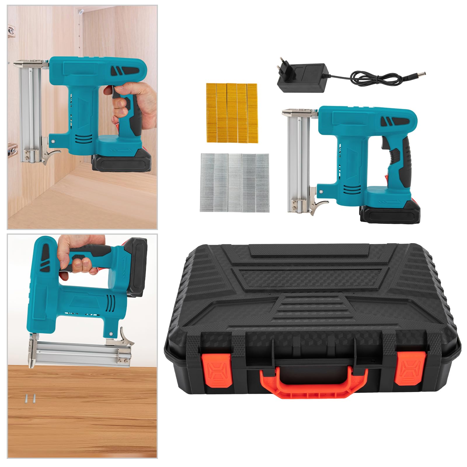 Accutacker 2 en 1 grapadora eléctrica con batería de litio de 1,5 Ah y cargador, bolsa de transporte, pistola de uñas para carpintería