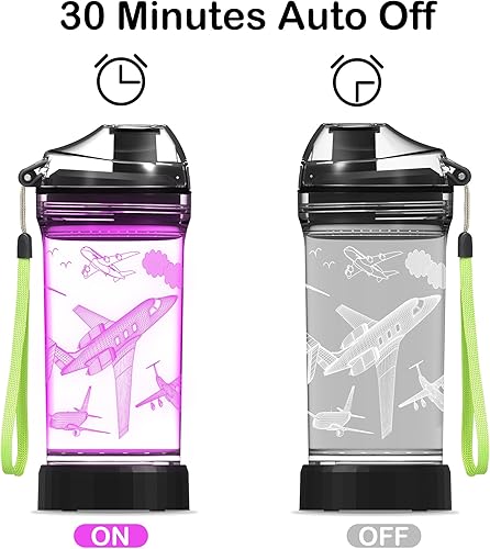 Miniatura 7 de Botella de agua para niños, taza deportiva iluminada con temática de avión con luz LED 3D brillante para avión, 14 onzas Tritan sin BPA, regalos