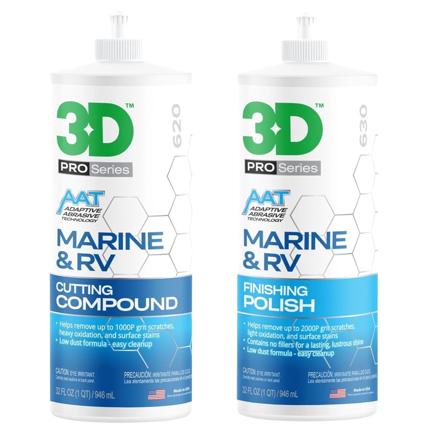 3D Marine & RV Gel-Coat Compound & Finishing Polish Bundle – High-Cut & High-Gloss Gel Coat Correction System for Boats & RVs – No Fillers, Low-Dust, Pro-Grade Shine – 32oz Each