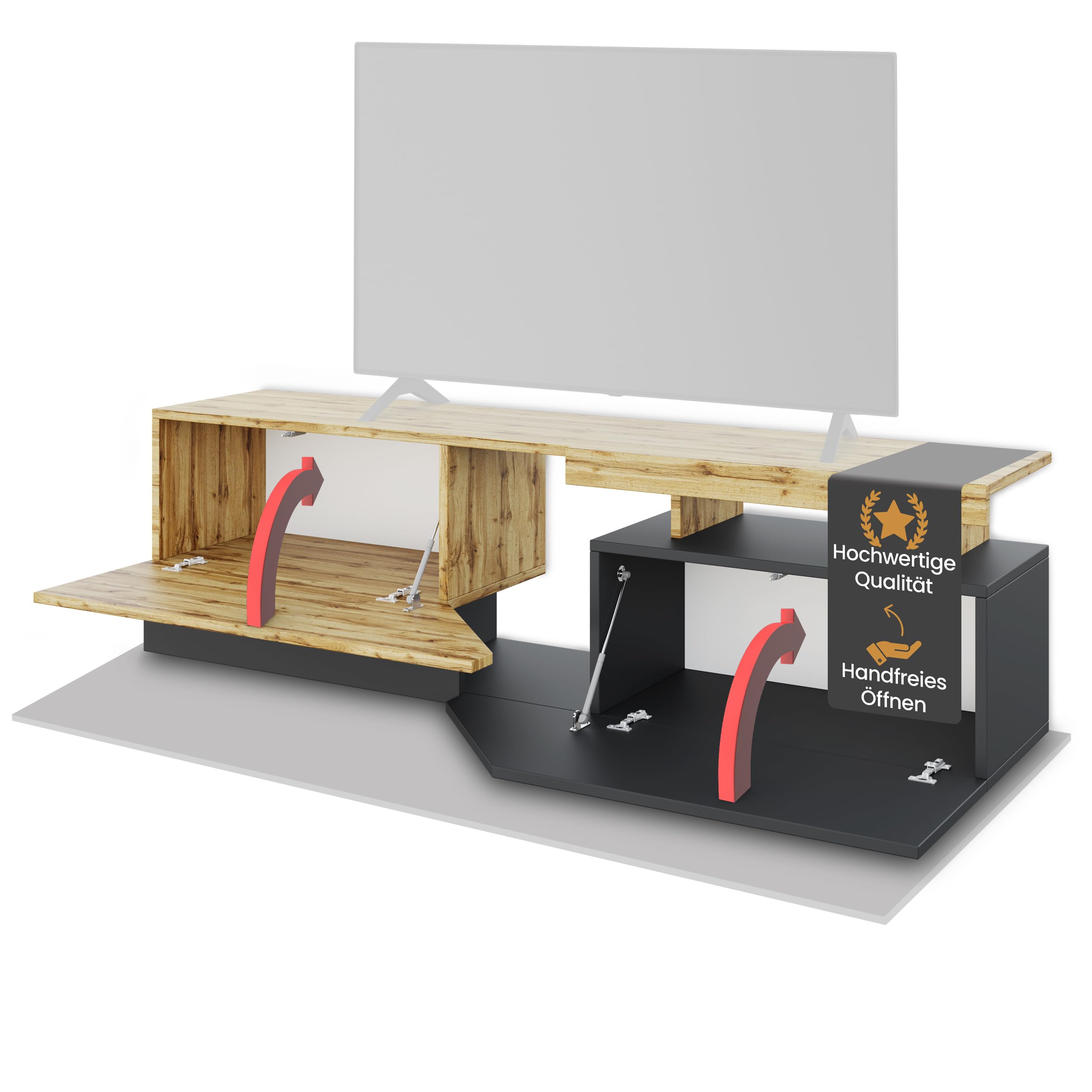 Mirjan24 TV-Lowboard Nesezi 160 mit 2 Klappen (Wotan/Weiß) | TV-Schrank mit geometrischem Design, breiter Ablagefläche, Push-to-open-System und Gasdruckfedern, B/H/T: 160/47/35 cm