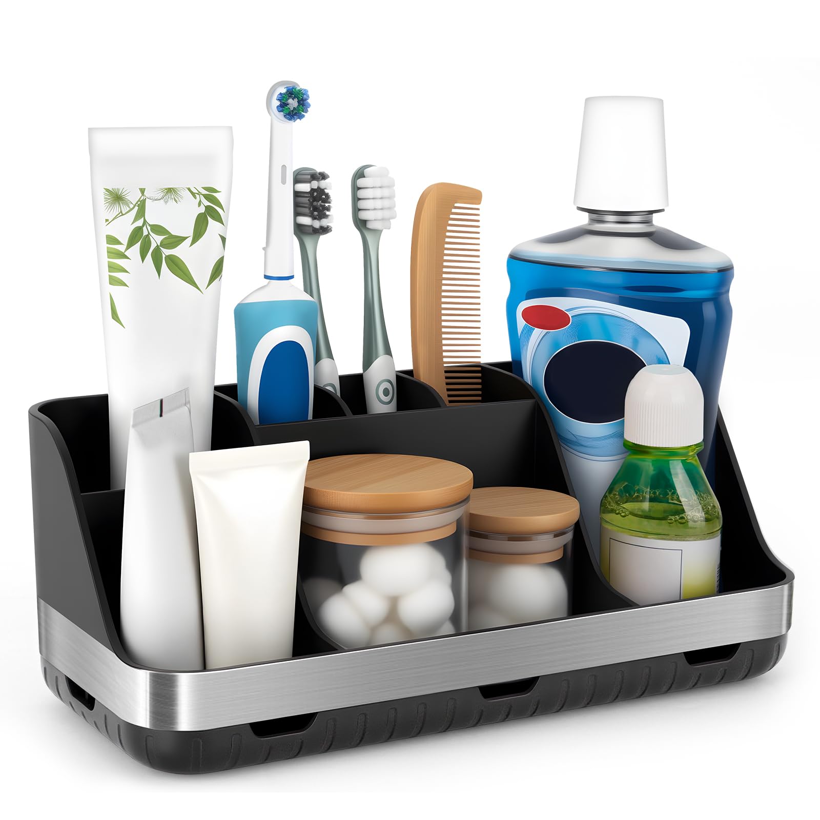 GFWARE Bathroom Organizers and Storage - Detachable 7 Slots Kids Electric Toothbrush and Toothpaste Holde Drainage for Bathroom Accessories Organization Counter Vanity Storage: Black