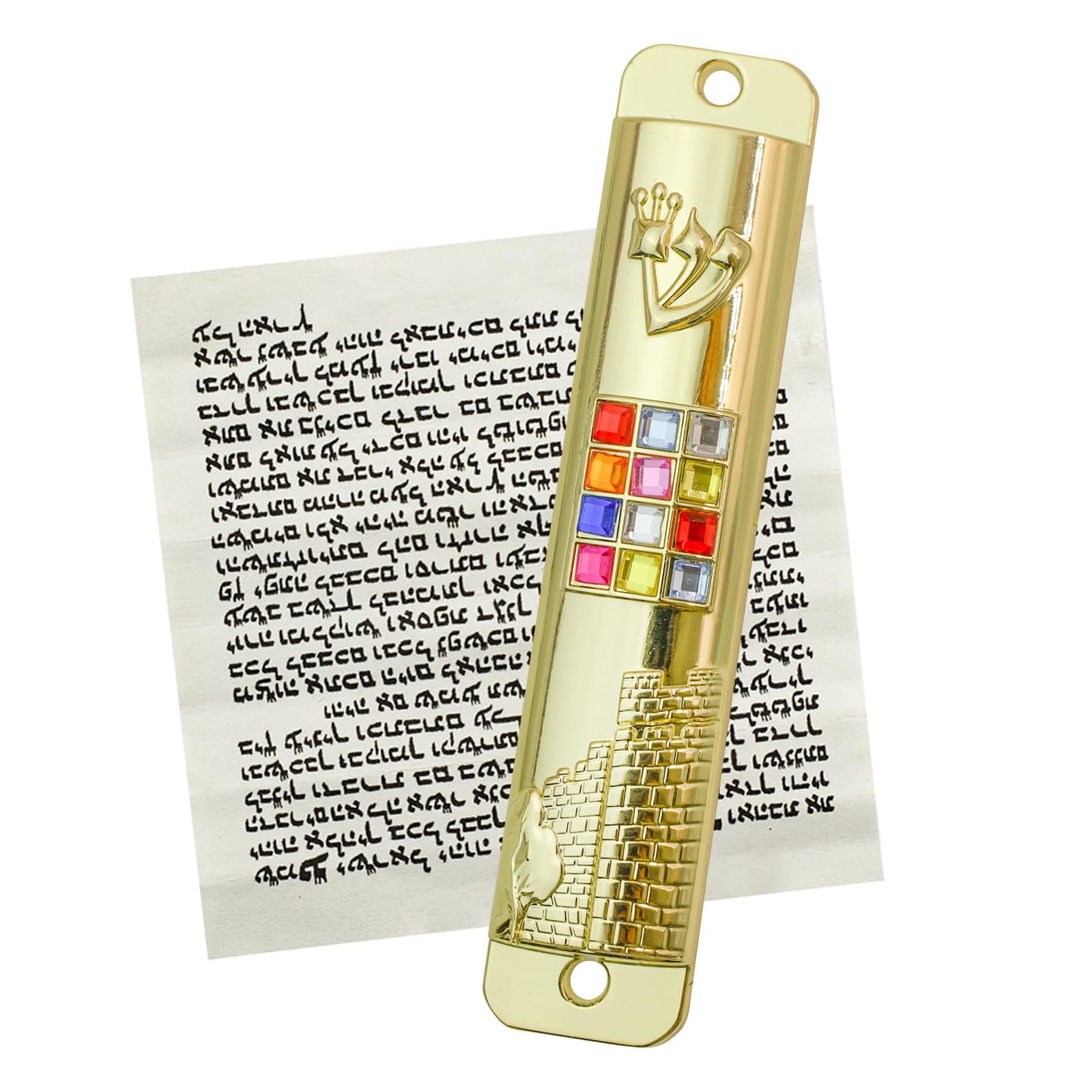 Mezuzah with Scroll for Door, Metal Mezuzah Case with 12 Tribes of Israel Hoshen Stones for Hebrew Home Blessing, Jewish Gifts, Jewish House Warming Decor, Christmas, Easter (Gold)