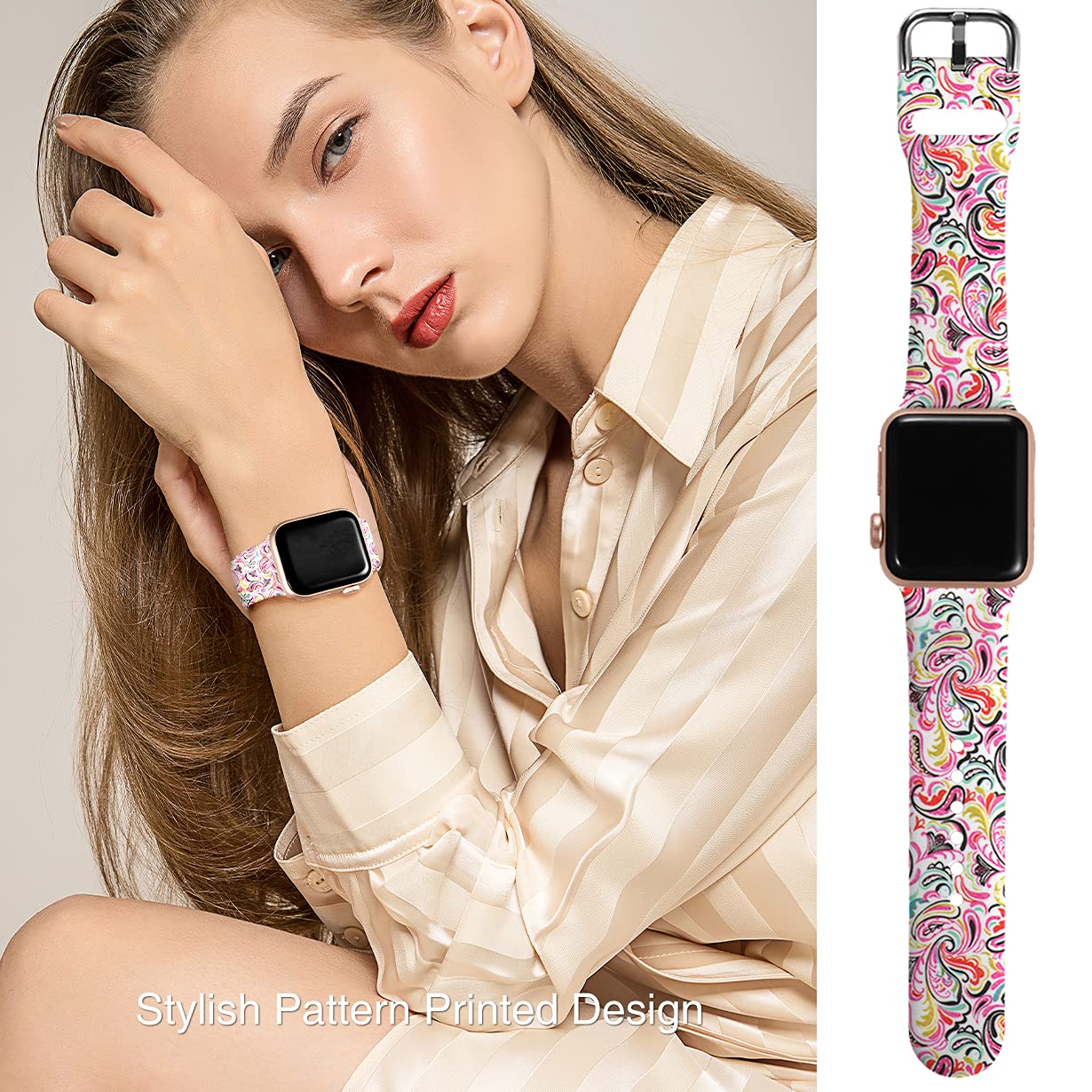 Wepro Strap Compatible with Apple Watch Strap 45mm 44mm 42mm 46mm 49mm, Pattern Printed Soft Silicone Wrist Bands for Apple Watch SE/Ultra/Ultra 2/iWatch Series 10/9/8/7/6/5/4/3/2/1, Colorful Cloud — view 3