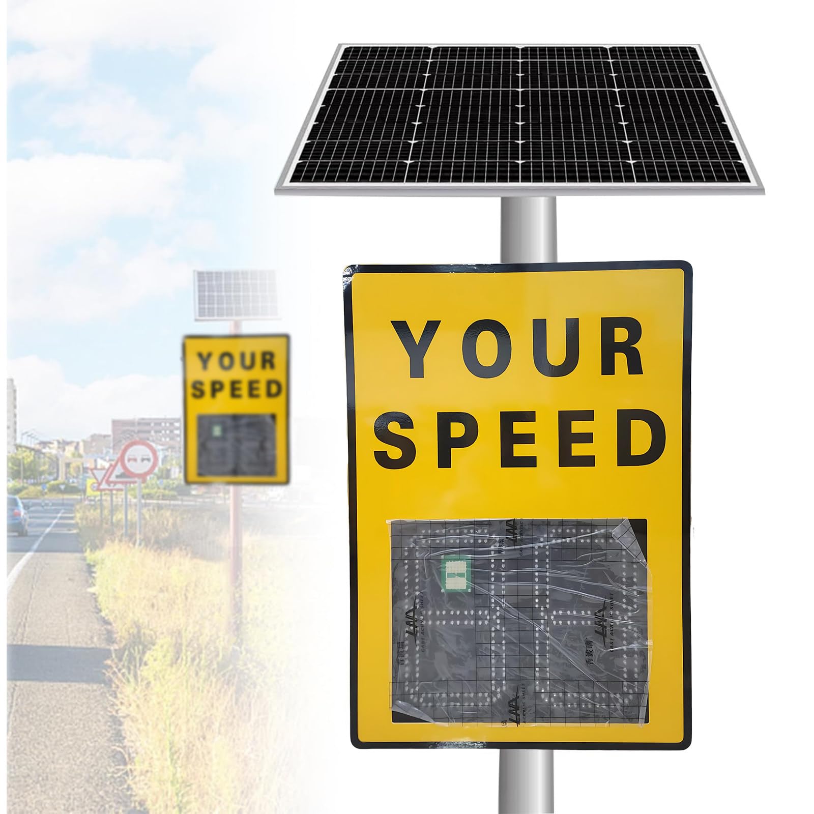 60 X 90Cm Señal De Límite De Velocidad con Radar Solar, con Control Remoto Y Accesorios, Señal Led De Retroalimentación De Radar, Señal De Advertencia De Tráfico Yellow