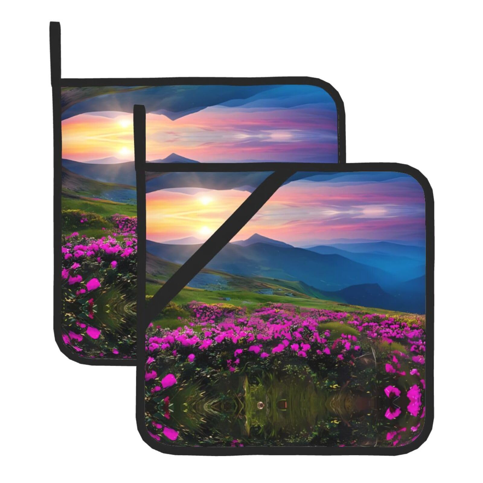 WHJSSF Nature Purple Flowers Meadow Mountain Scenic Prints Square Pot Holders - Heat Resistant Kitchen Trivets 2-Pack - Waterproof Covers for Hot Dishes, Oven & Grill with Hanging Loop