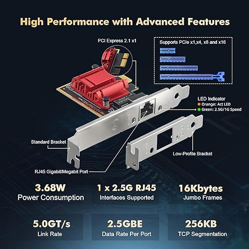 Miniatura 4 de Binardat Adaptador de red PCIe 2.5G, RTL8125B 25001000100Mbps Tarjeta Ethernet RJ45 Controlador LAN Soporte PXE para WindowsLinuxMac