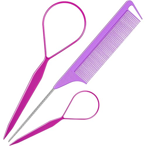 Hair Tail Tools, TsMADDTs 3Pack Hair Loop Tool Set with 2Pcs French Braid Tool Loop 1Pcs Rat Tail Comb Metal Pin Tail Braiding Comb for Hair Styling, Purple