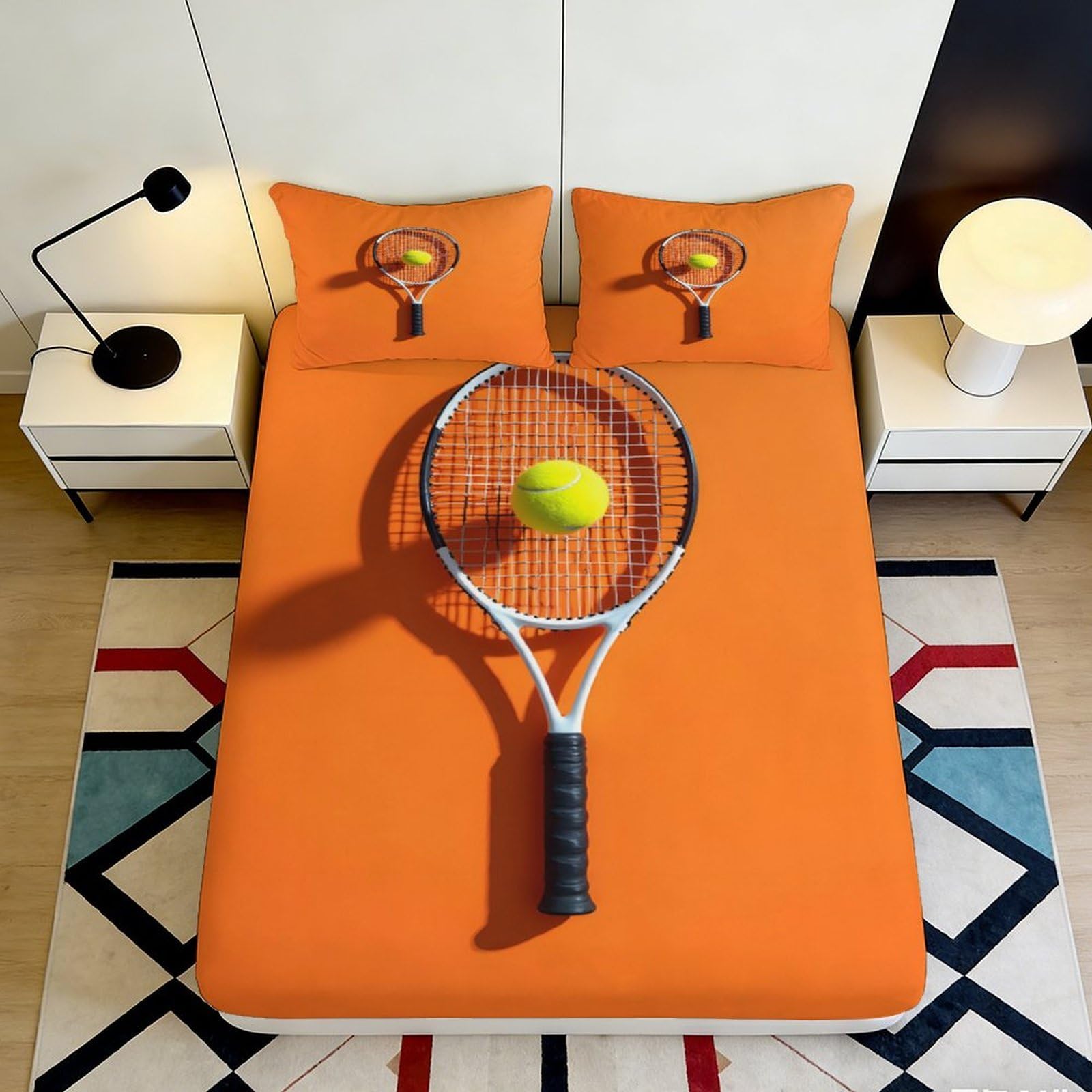 3D Printed Tennis Court Fitted Sheet Microfiber Soft Orange Racket Bed Cover for Bedroom Dorm Mattress Decor 90x200x25cm