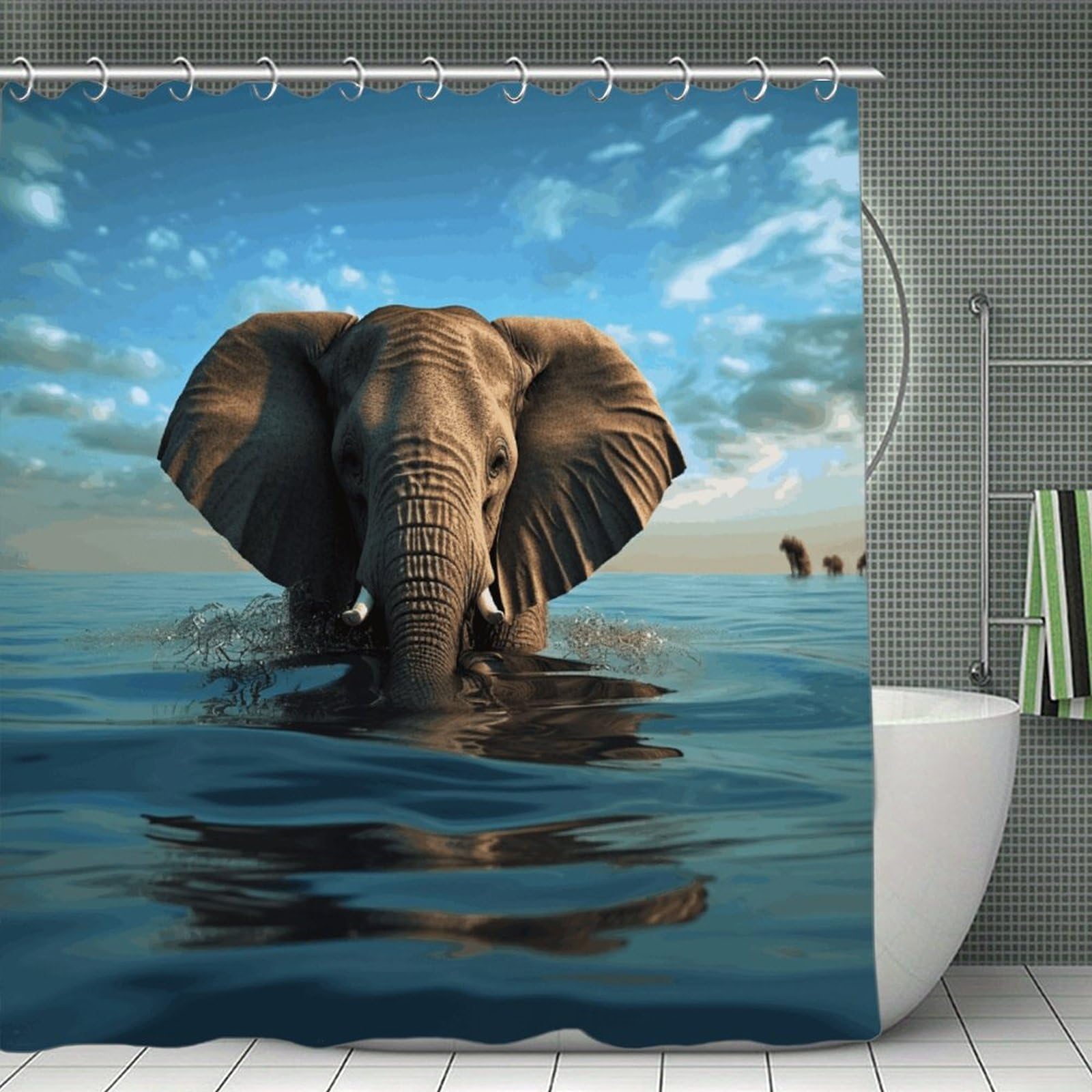 JTREHY Elephant is Sitting in The Water Shower Curtain Waterproof Bathroom Shower Curtain Machine Washable Bath Curtains Polyester Cloth Bath Curtains for Bathroom Showers 70.8×70.8Inch