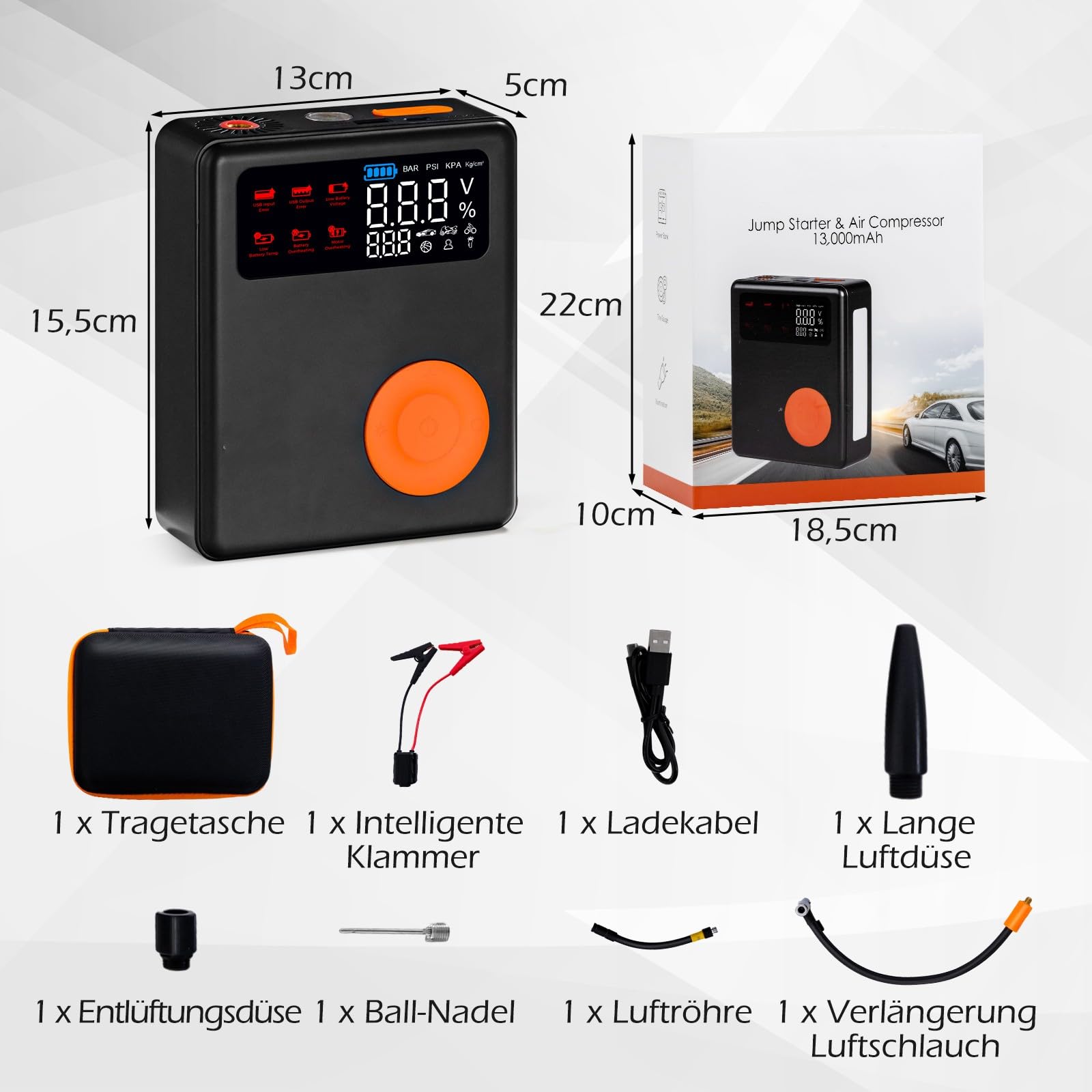 GYMAX Arrancador de Baterías para Coche, 2000A, 12V (para Motores de hasta 8.0L de Gasolina o 5L de Diésel), Arrancador de Coches Portatil con Carga Rápida USB y Linterna LED de Emergencia