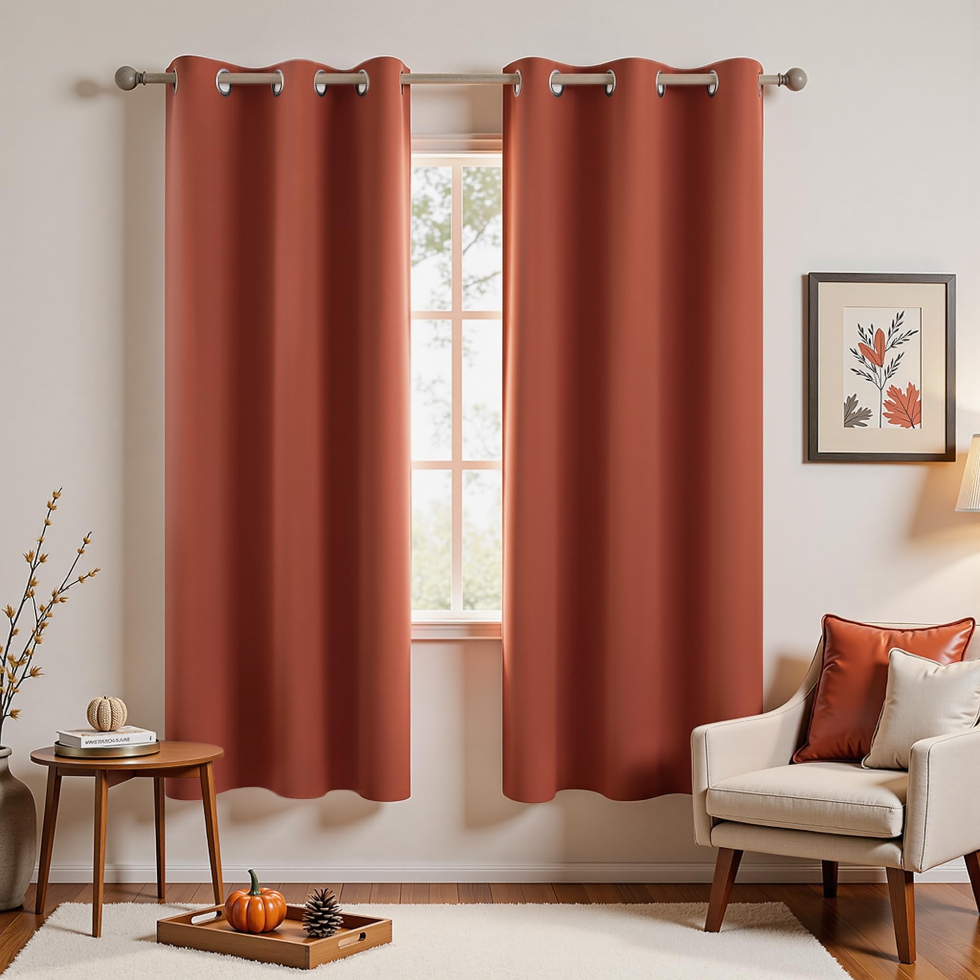 Dusty Burnt Orange Curtains 63 Inch Length for Bedroom 2 Panels Set Blackout Grommet Mid Century Modern Thermal Insulated 70s Curtains for Living Room