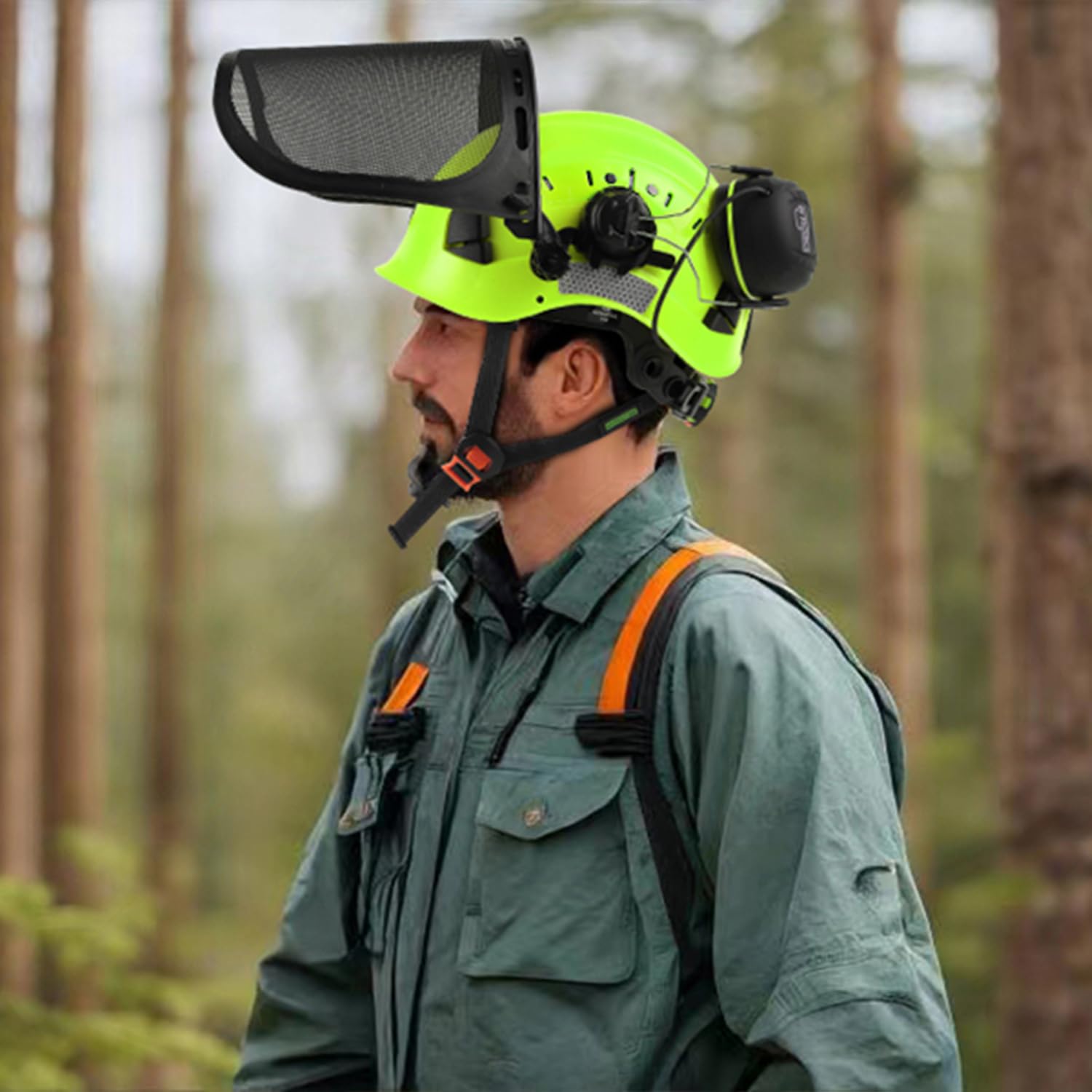 GREEN DEVIL Casco de seguridad para motosierra, protección forestal, casco de seguridad con protección auditiva, orejeras y protección facial, visera 3 en 1, juego de casco resistente a los impactos, cómodo ventilación