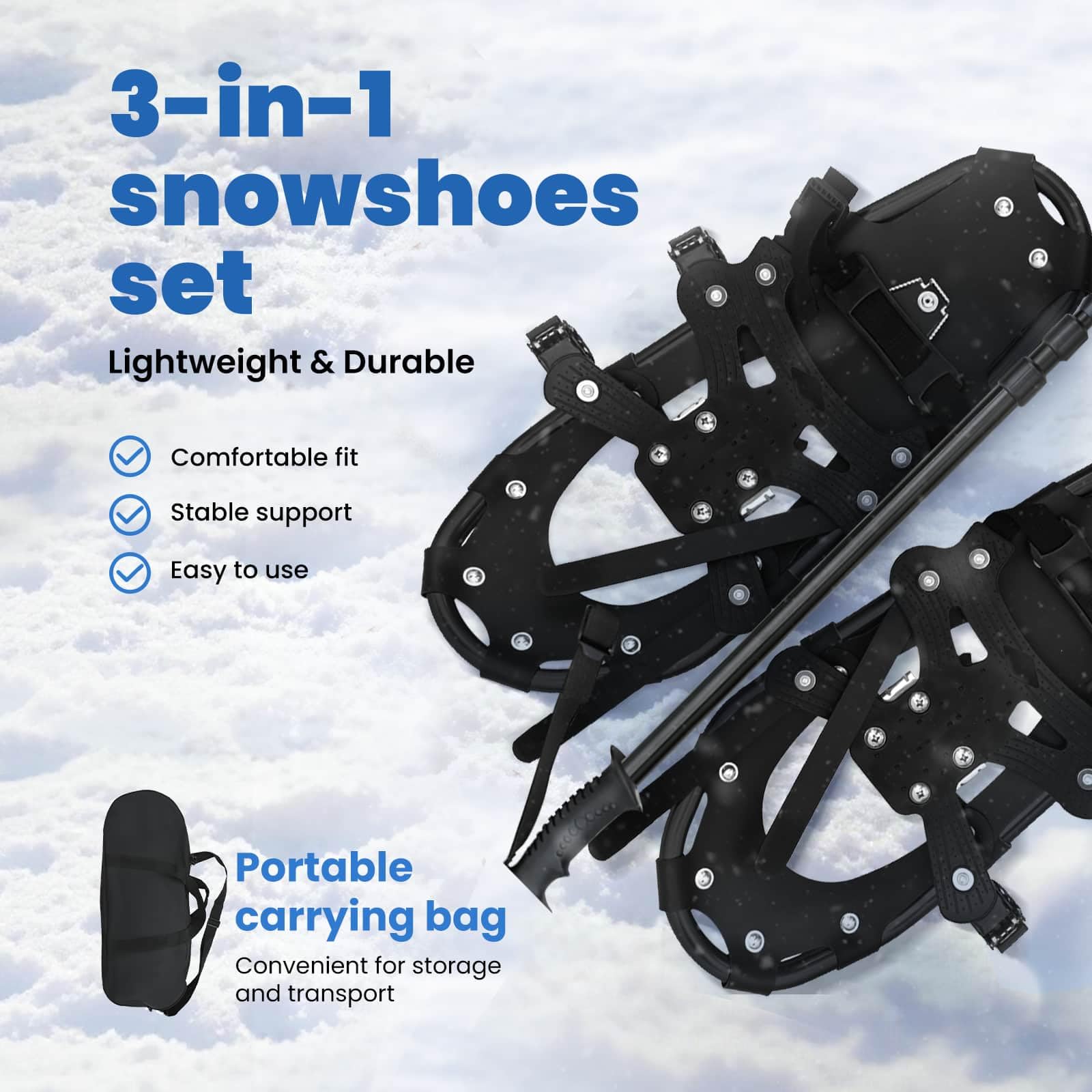 vidaXL Racchette da Neve 3 in 1 con bastoni da Trekking Nero, Ciaspole in Alluminio per Il Giardino, Attrezzatura Outdoor Regolabile, Accessori Moderni per Camminare sulla Neve
